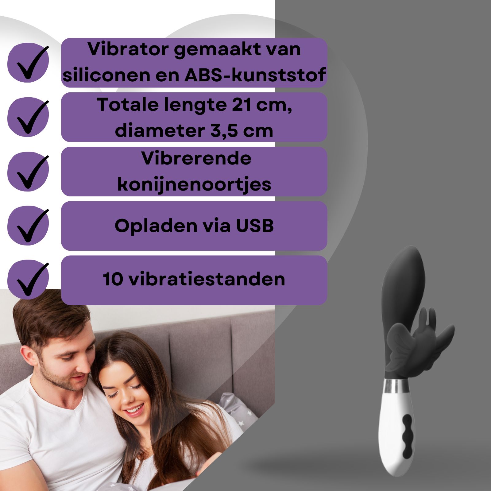 Zwarte vibrator met konijnenoren, witte handgreep. Paar in bed. Op wit plateau.