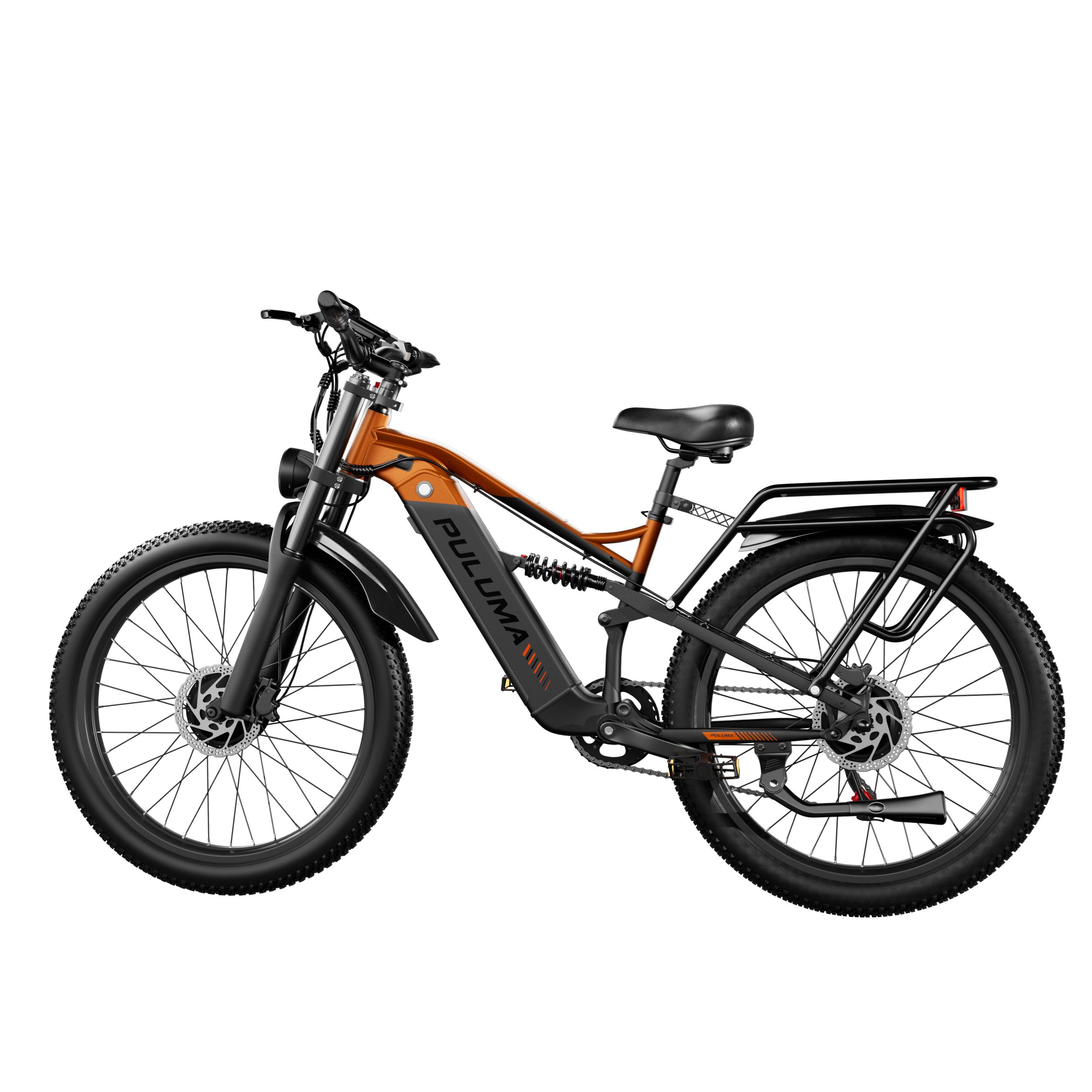 Vélo électrique PULUMA PE86 Pro avec double moteur. Cadre orange, pneus noirs et porte-bagages. Phare avant.
