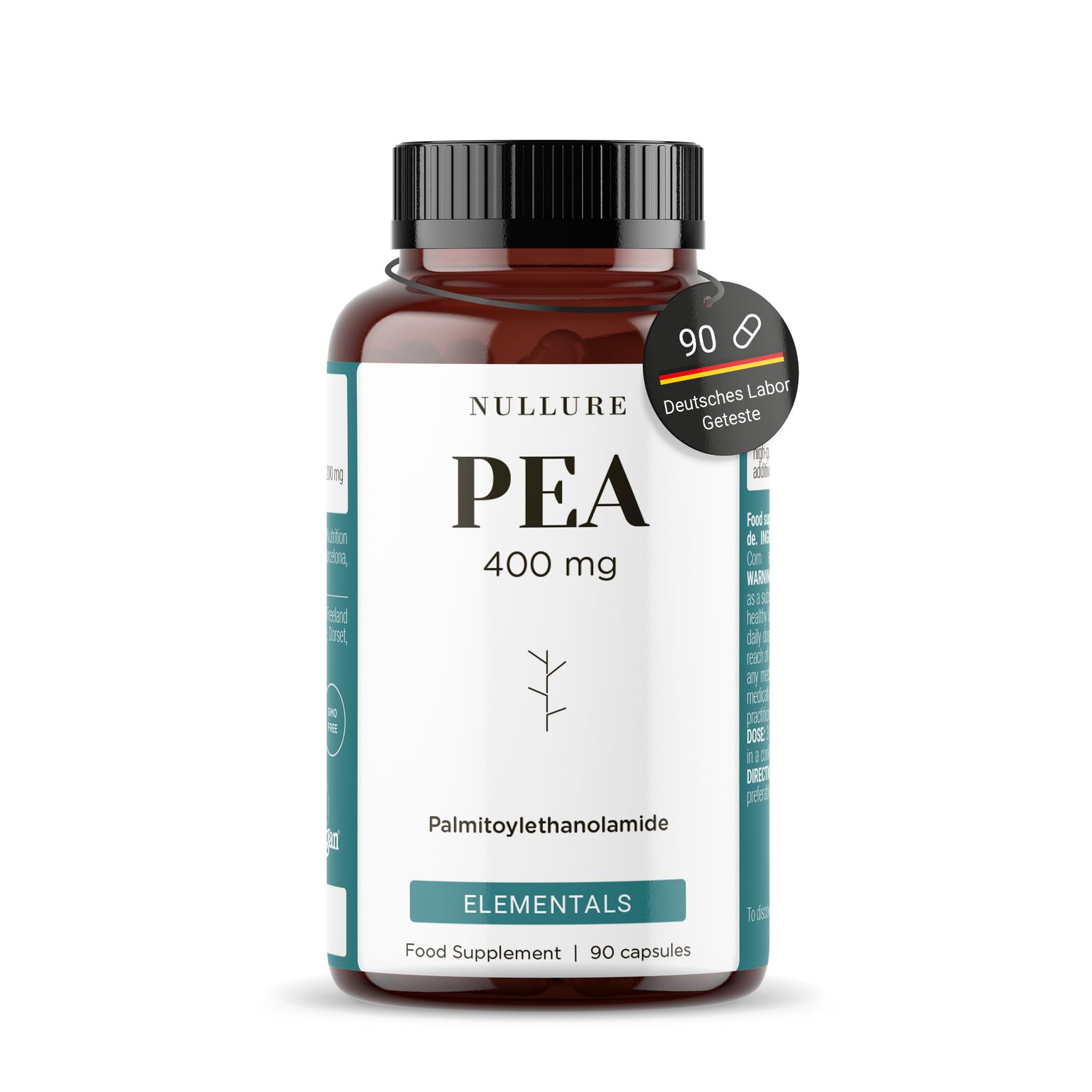 Bruine fles met witte capsules. Tekst: PEA 400 mg. Elementals. Voedingssupplement. 90 capsules. Duits laboratorium.