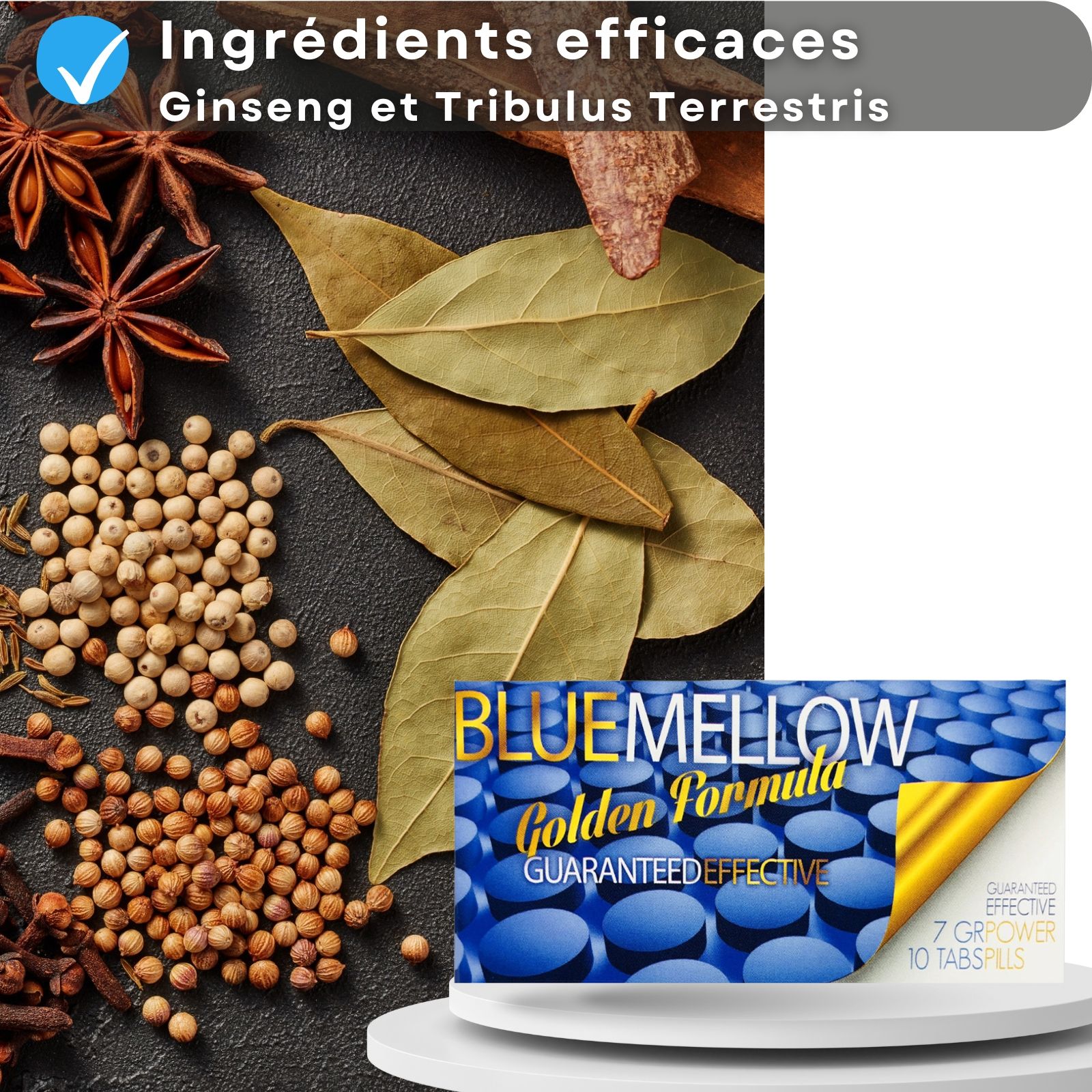 Diverses épices et emballage du produit. Inscription: BLUE MELLOW Golden Formula. 7 GR POWER, 10 TABS/PILLS.