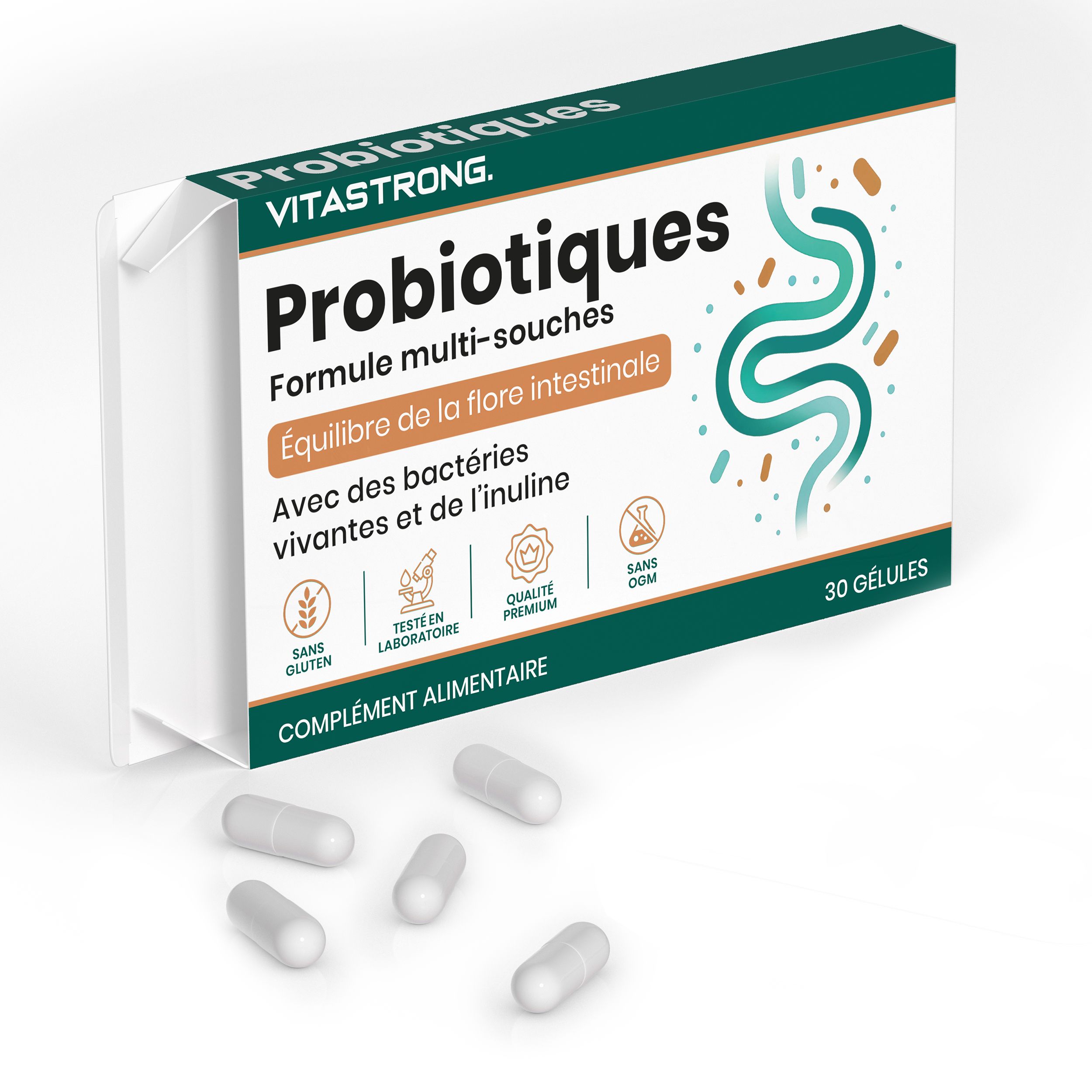 Doosje capsules Vitastrong Probiotica. 30 capsules. Glutenvrij, getest, premium kwaliteit.