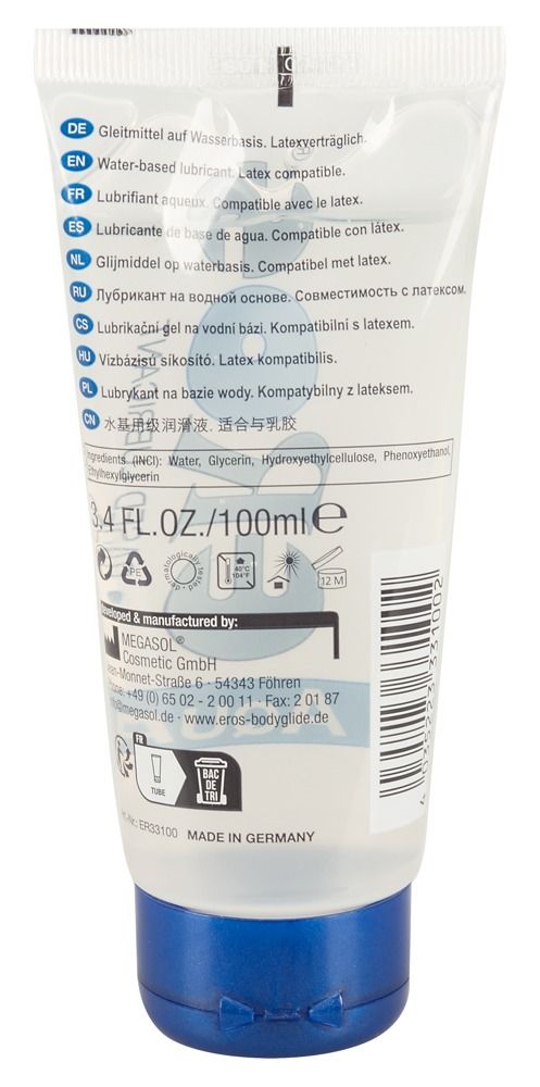 Achterkant van een tube met transparante gel. Meertalige teksten, blauwe dop. Opschrift: EROS Aqua.
