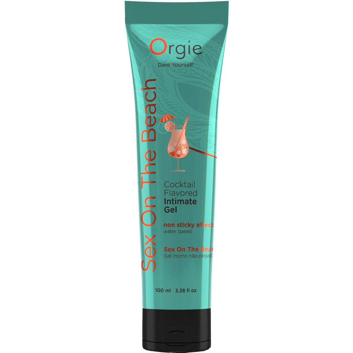 Turquoise tube met zwarte dop. Opschrift: Orgie, cocktailmotief, "Sex On The Beach" en "Intimate Gel".