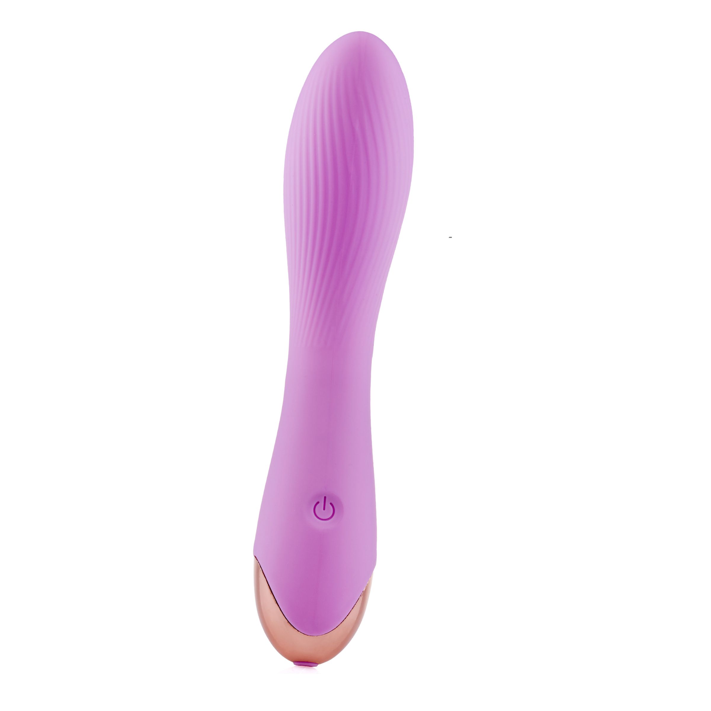 Vibrateur violet avec surface ondulée et extrémité dorée. Avec bouton marche/arrêt.