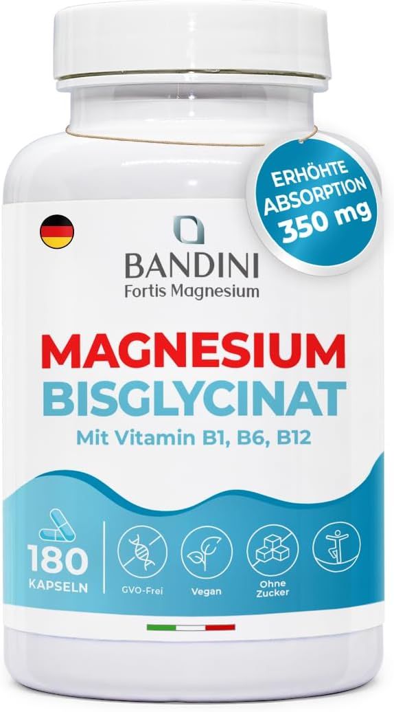 Flacon blanc Bandini Magnesium Bisglycinate. Inscription : Magnesium Bisglycinate, Vitamine B1, B6, B12. 180 gélules. 350 mg.