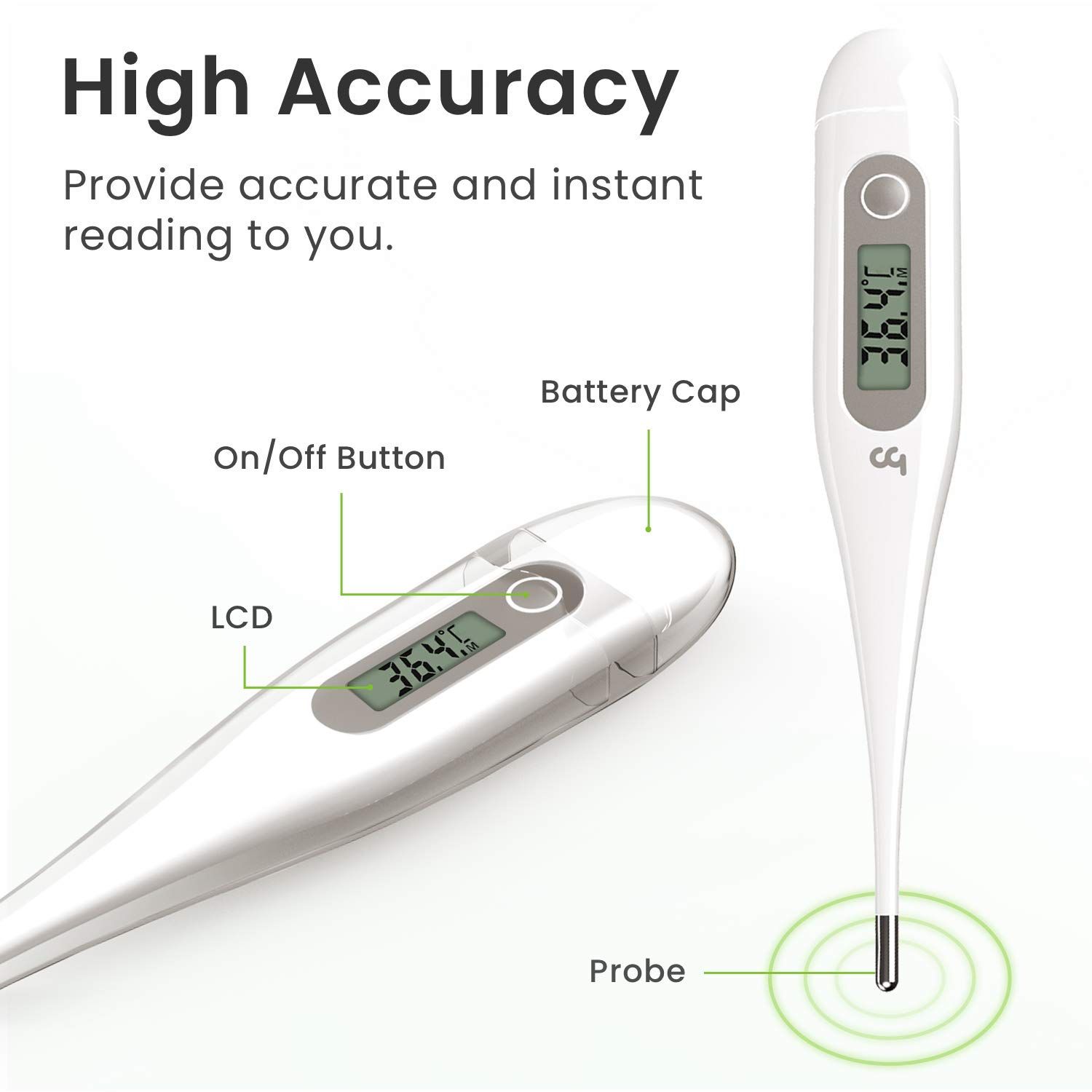 Witte digitale thermometer met LCD-scherm. Toont de temperatuur 36,4°C. Met aan/uit-knop en batterijklep.