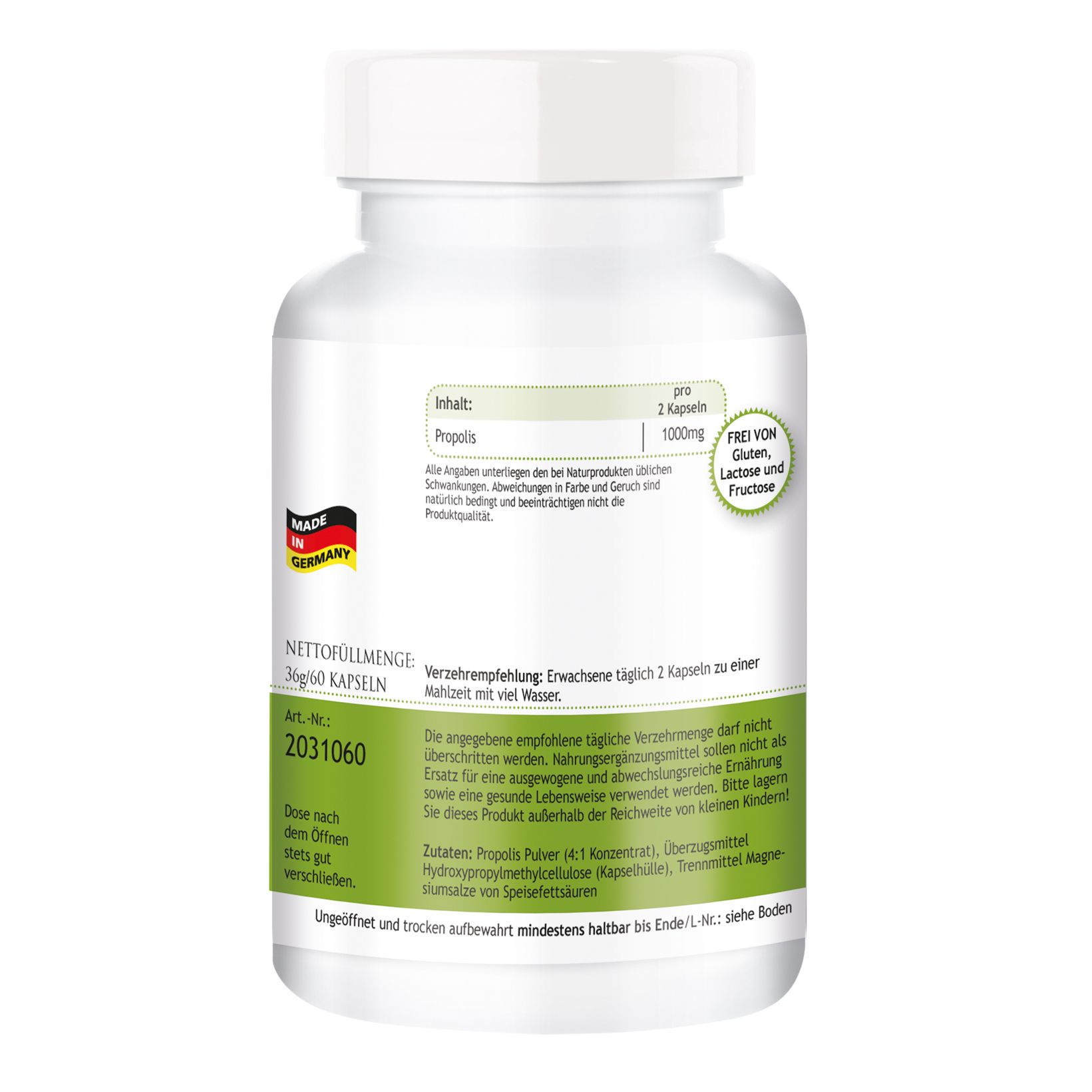 Witte fles, achterkant. Etiket met informatie, waaronder Propolis. Made in Germany. 60 capsules. Zonder lactose/fructose.