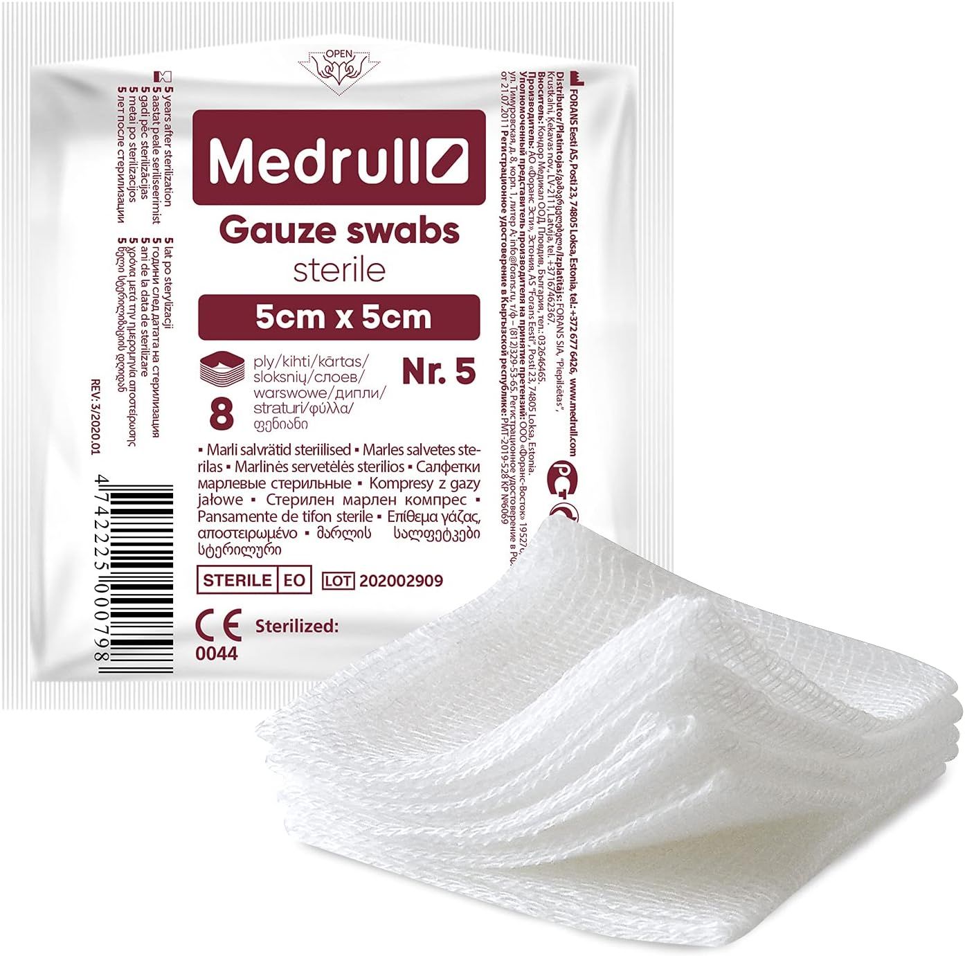 Medrull steriele gaasjes, 5x5 cm, 8 stuks per verpakking. Individuele gaasjes en verpakking met informatie.