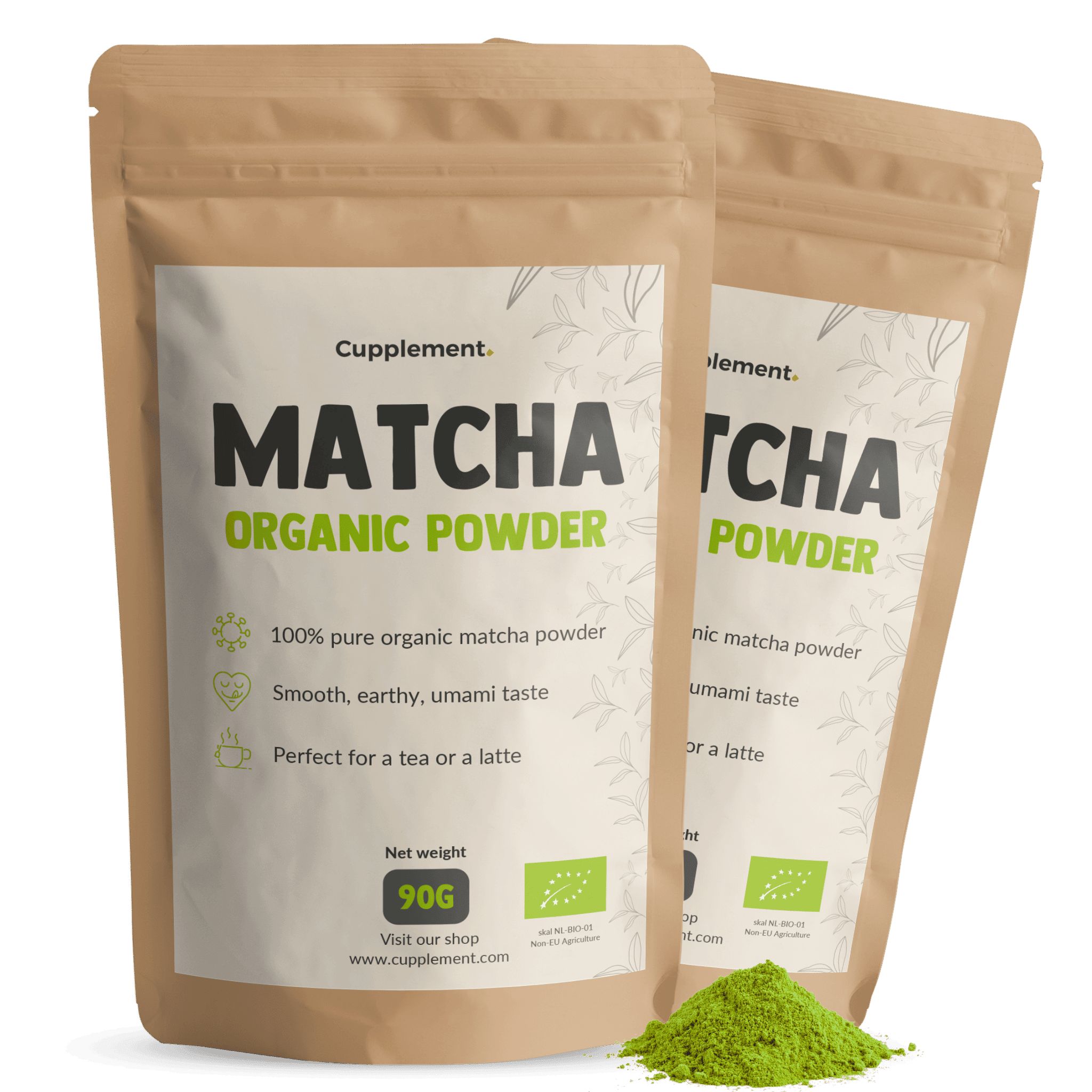 Twee zakjes Cupplement matcha poeder. Bruine verpakking met groene tekst. 90g. Bio-label. Groen poeder ernaast.