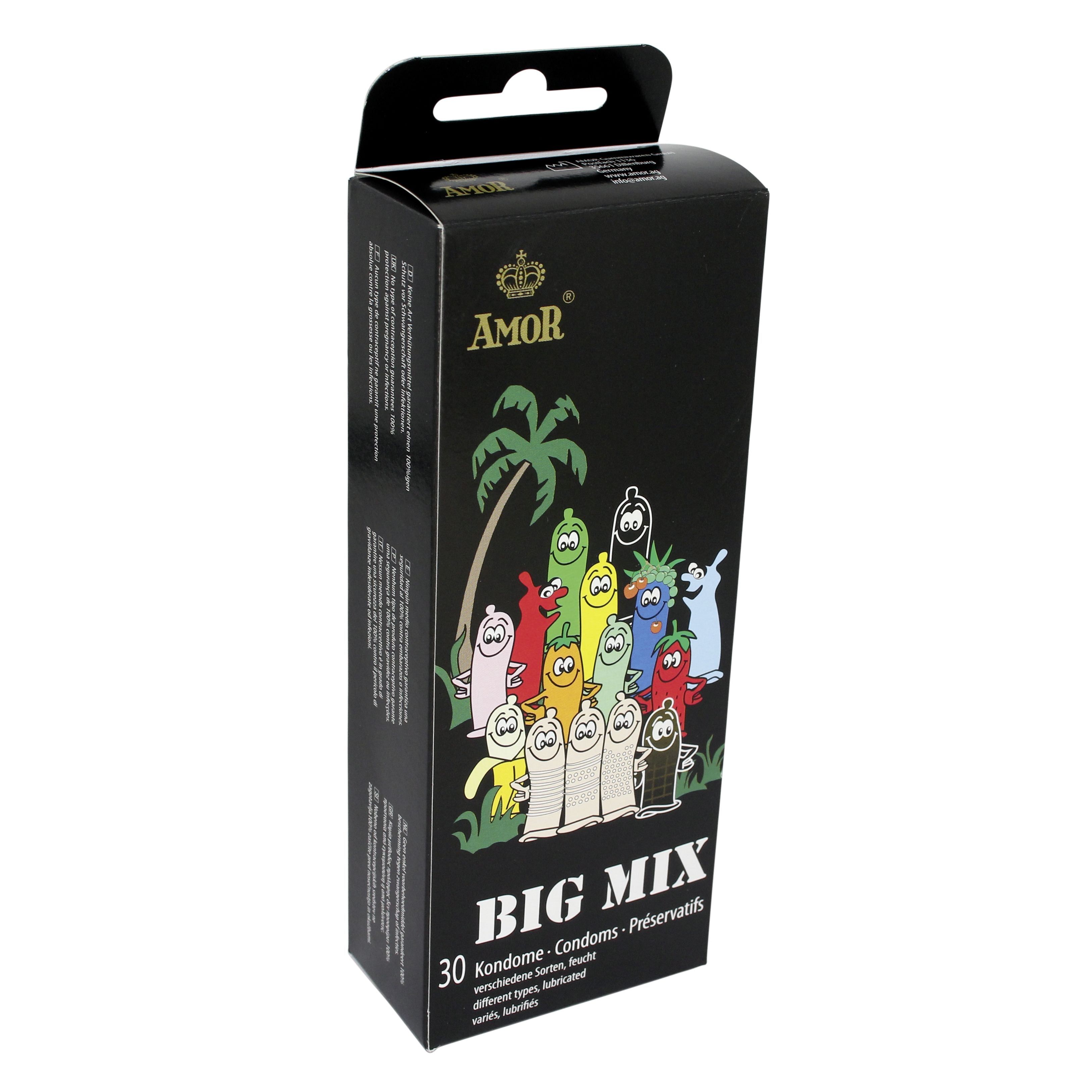 Zwarte doos Amor Big Mix met ophanghaak. 30 condooms. Cartoon illustraties van condooms. Tekst in het Duits, Engels en Frans.