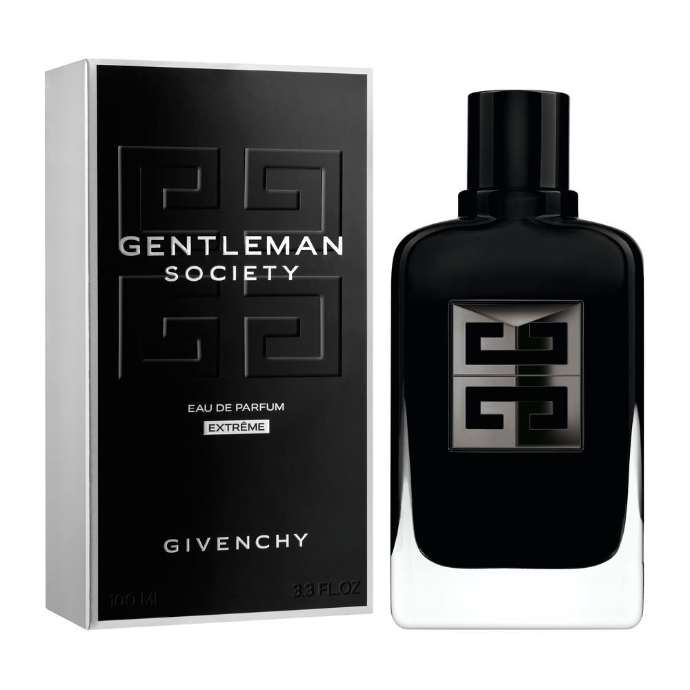 Zwarte fles en verpakking. Opschrift: Gentleman Society, Eau de Parfum Extreme, Givenchy. Zilveren logo.
