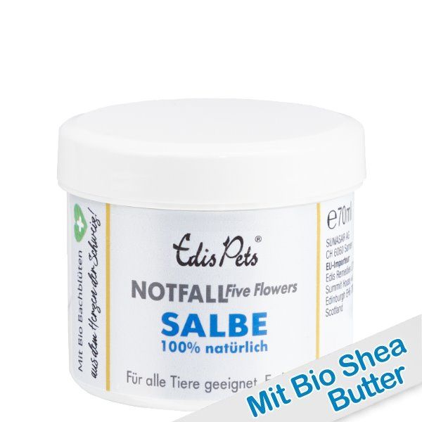 Pot blanc avec couvercle. Inscription: Edis Pets Notfall Salbe, 100% naturel. Convient aux animaux. Avec beurre de karité bio.