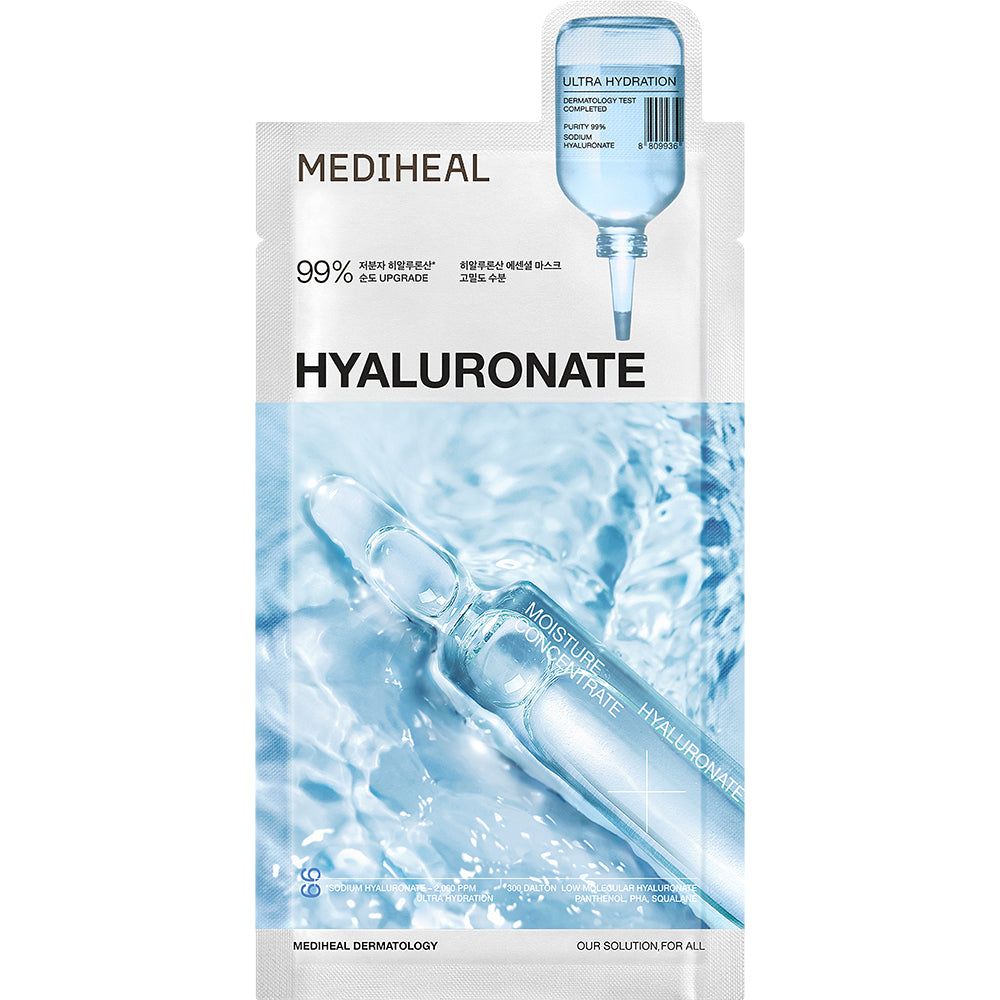 Emballage MEDIHEAL Hyaluronate. Texte principal : Hyaluronate. Illustration d'une ampoule et de gouttes d'eau. 99% pour l'hydratation améliorée.