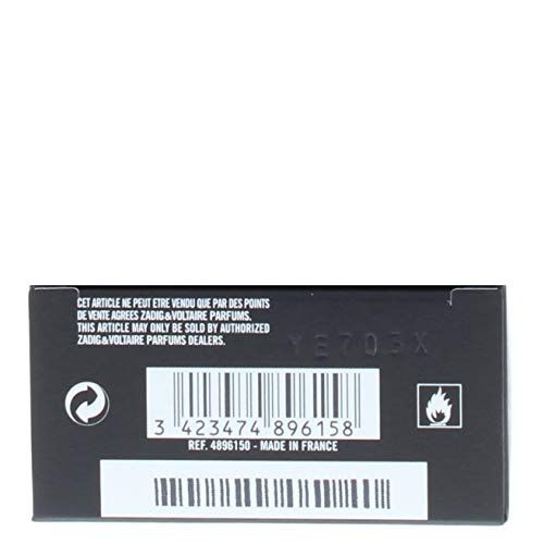 Achterkant van de zwarte verpakking van Zadig & Voltaire. Barcode, waarschuwingen en tekst: Made in France.