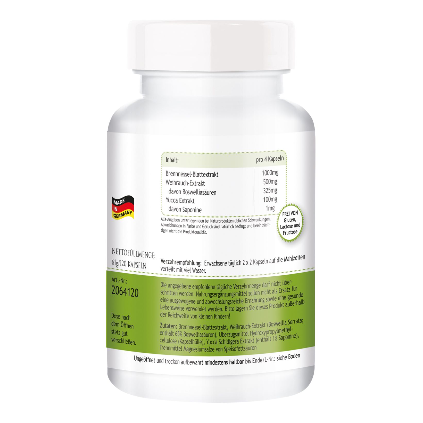 Flacon de pilules blanc, dos avec étiquette. Ingrédients, informations nutritionnelles, recommandation de consommation. Sceau: Fabriqué en Allemagne. 120 gélules.