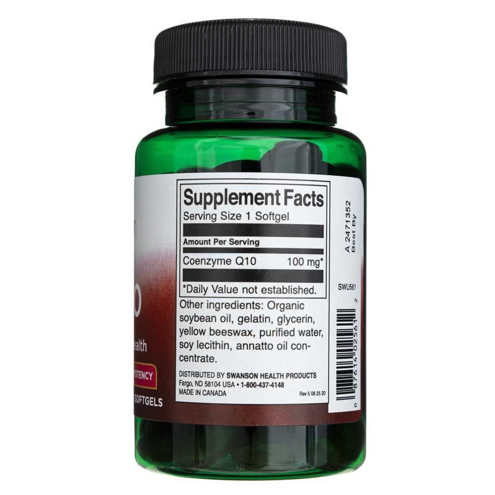 Arrière d'une bouteille de CoQ10, montrant les informations nutritionnelles et les ingrédients.