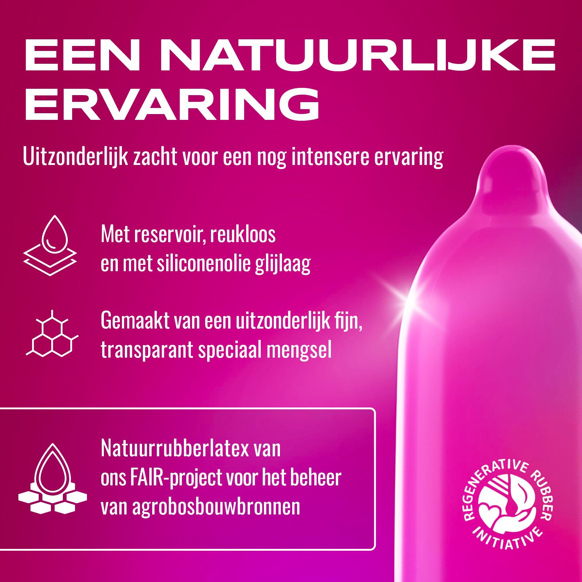 Roze condoom met reservoir, geurloos, van natuurrubberlatex.