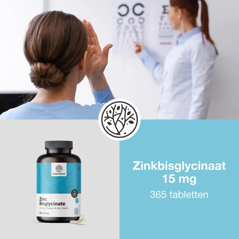 Vrouw bij oogtest, fles zinkbisglycinaat. Opschrift: HealthyWorld, 15 mg, 365 tabletten. Tekst: Zinkbisglycinat 15 mg.