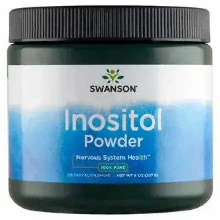 Groene pot met zwart deksel. Opschrift: SWANSON Inositol Powder. Toevoeging: Nervous System Health, 100% Pure. Netto gewicht: 8 oz (227g).