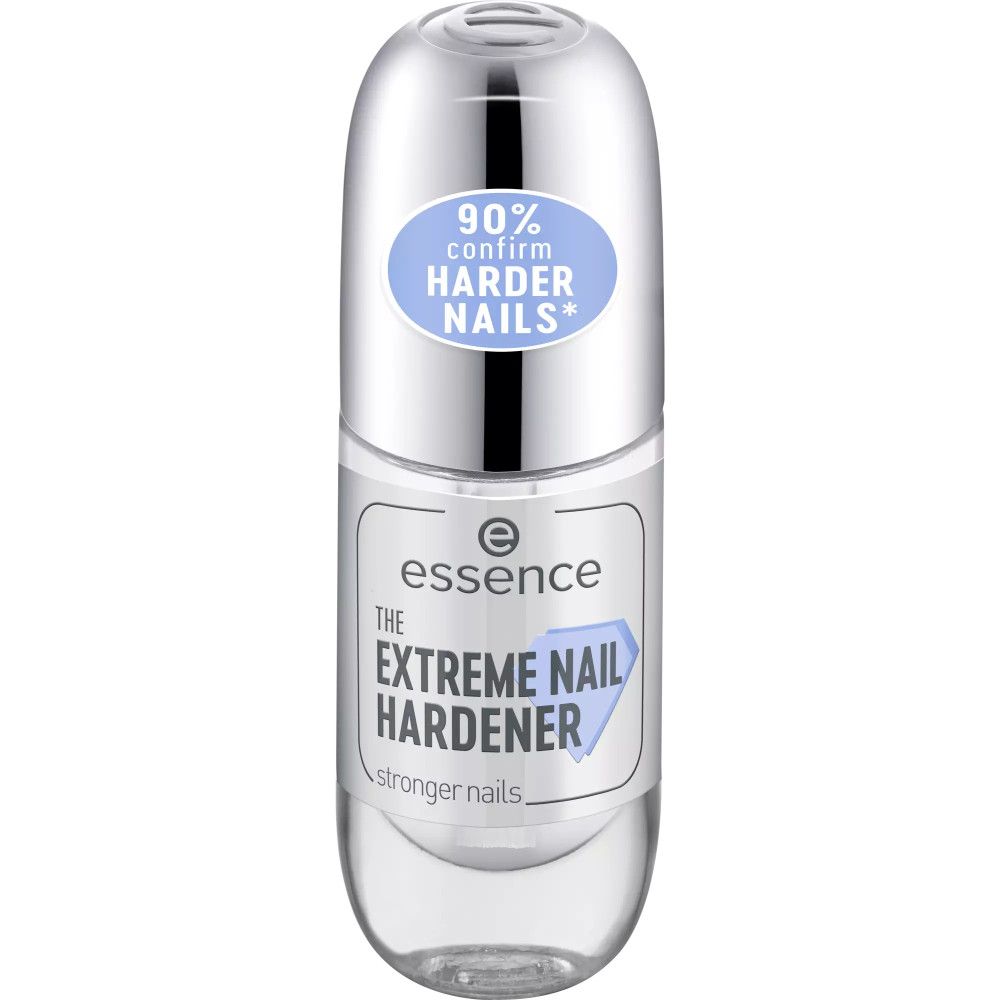 Nagelverharder flesje met zilveren dop. Label met tekst: "THE EXTREME NAIL HARDENER". Blauwe tekst: "90% confirm HARDER NAILS*". 