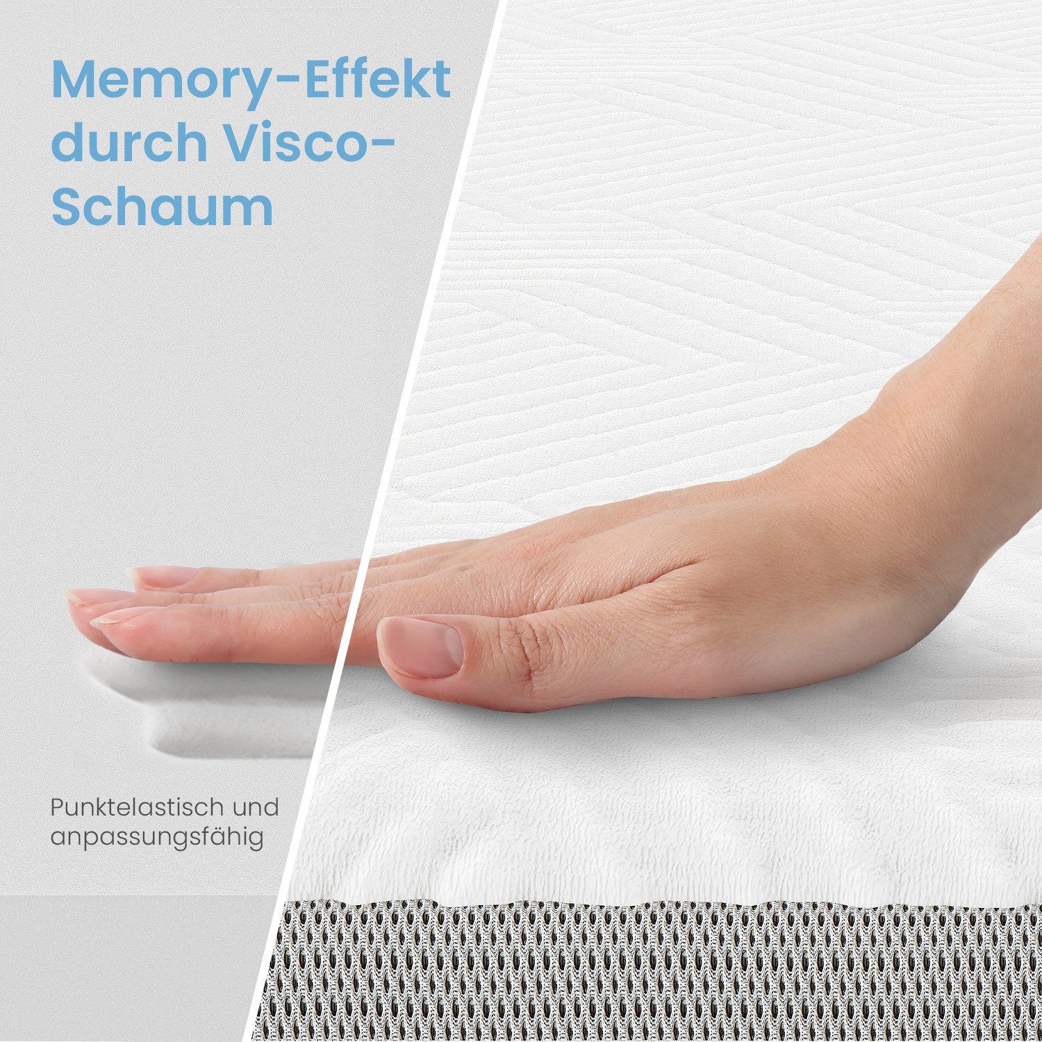 Hand drukt op matras. Memory-effect door Visco-schuim. 3D-weefsel.