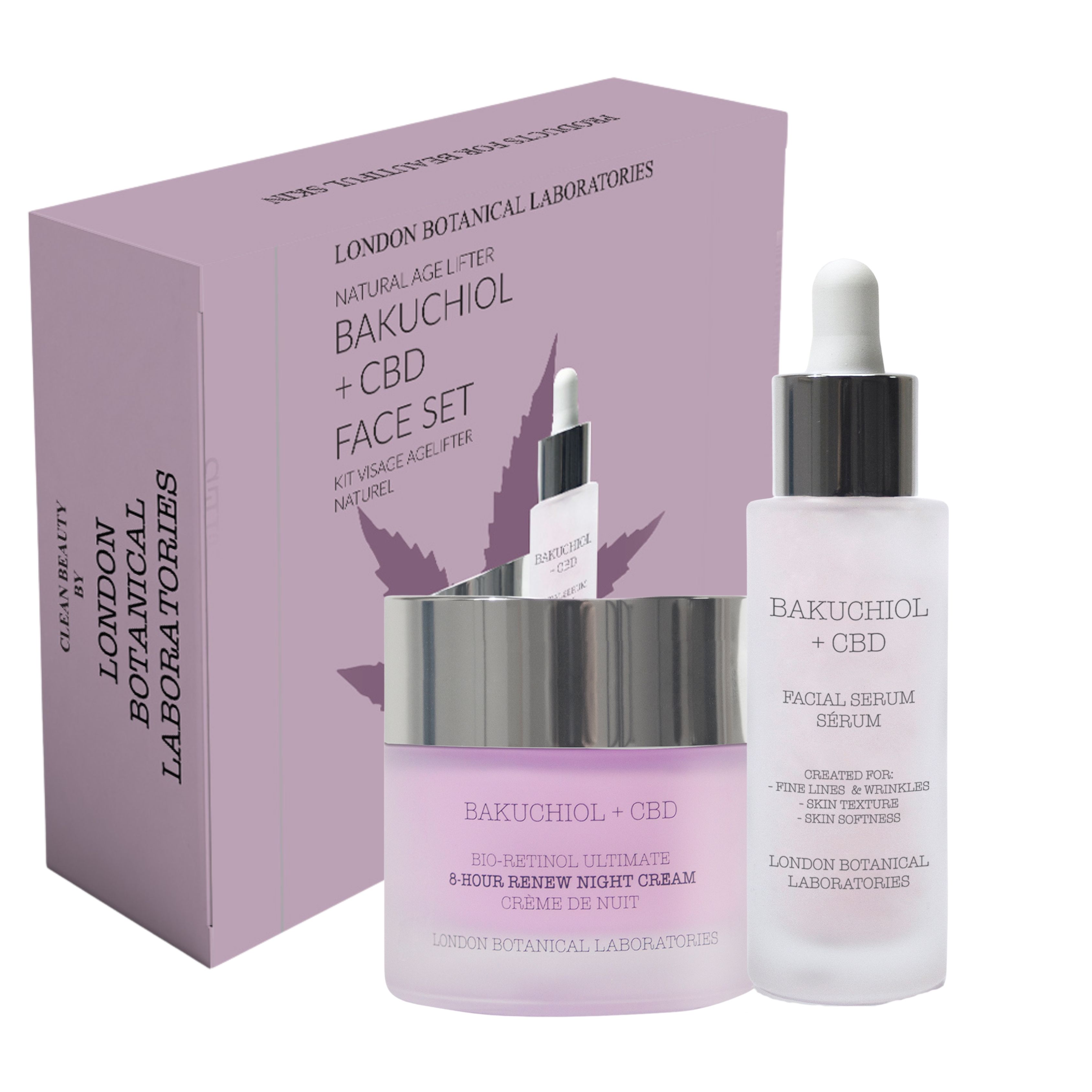 Set visage anti-âge London Botanical Laboratories Bakuchiol + CBD avec crème de nuit et sérum visage.
