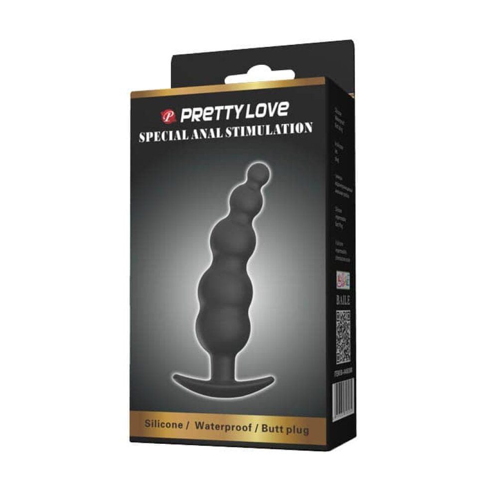 Emballage Pretty Love Analplug avec plug en silicone noir, design ondulé.