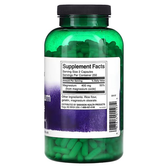 Flacon vert avec capsules vertes. Dos avec informations nutritionnelles et ingrédients. "SWANSON" et "Magnesium Oxide" visibles.