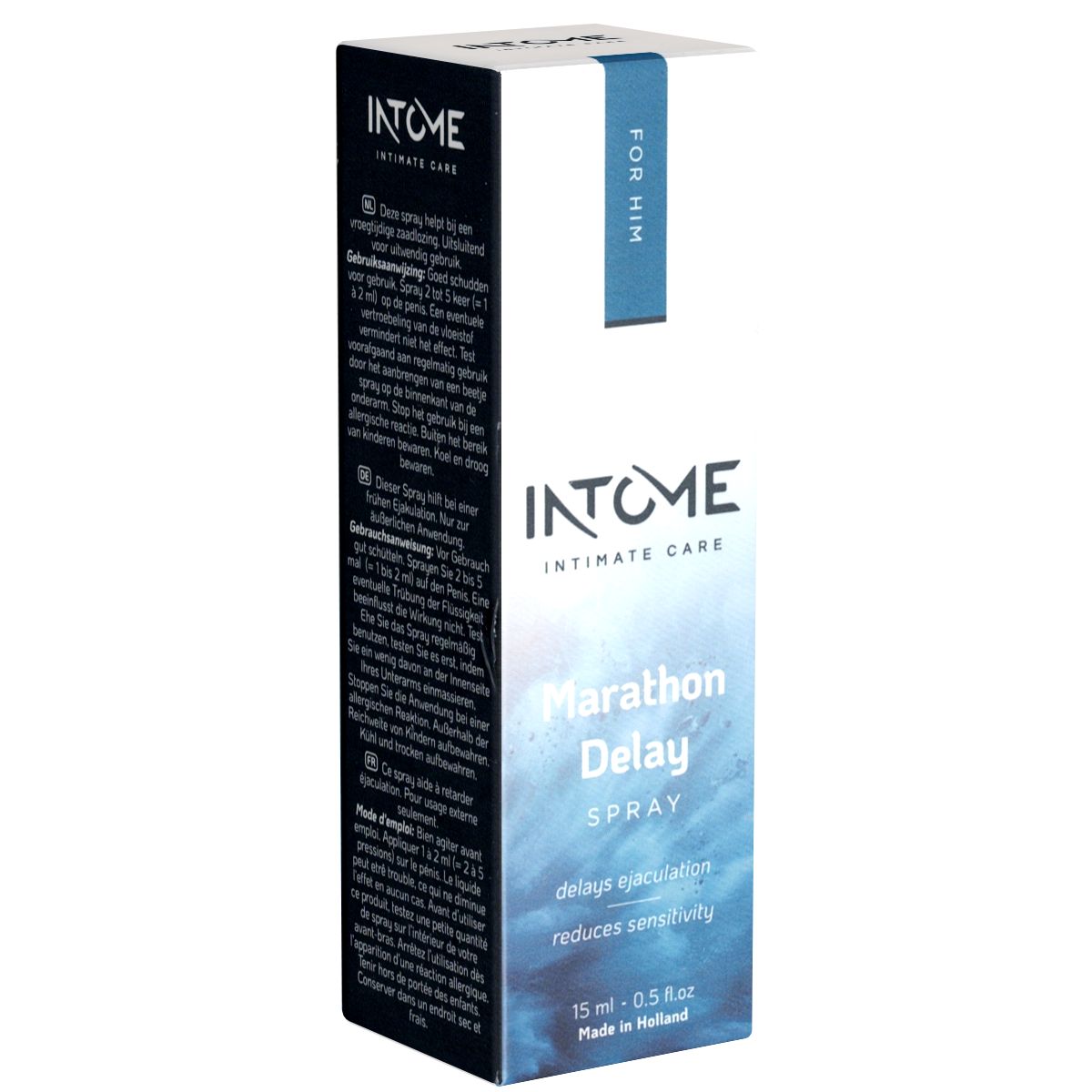 Emballage du produit. Boîte blanche avec bande bleue. Inscription : Intome, Marathon Delay Spray. Texte multilingue.