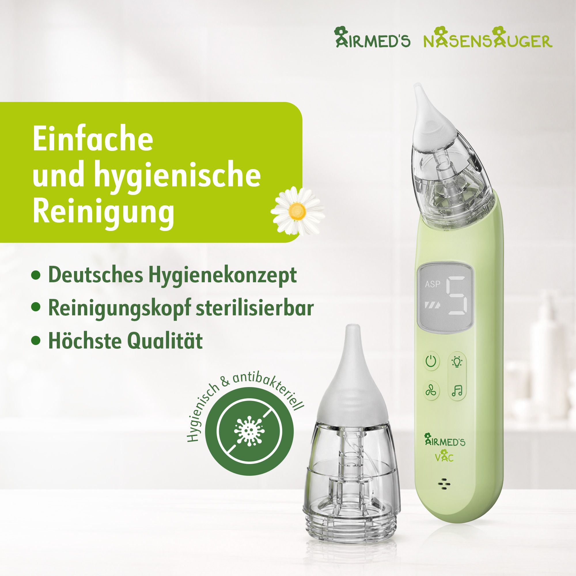 Aspirateur nasal vert avec récipient de nettoyage amovible. Hygiénique et antibactérien.