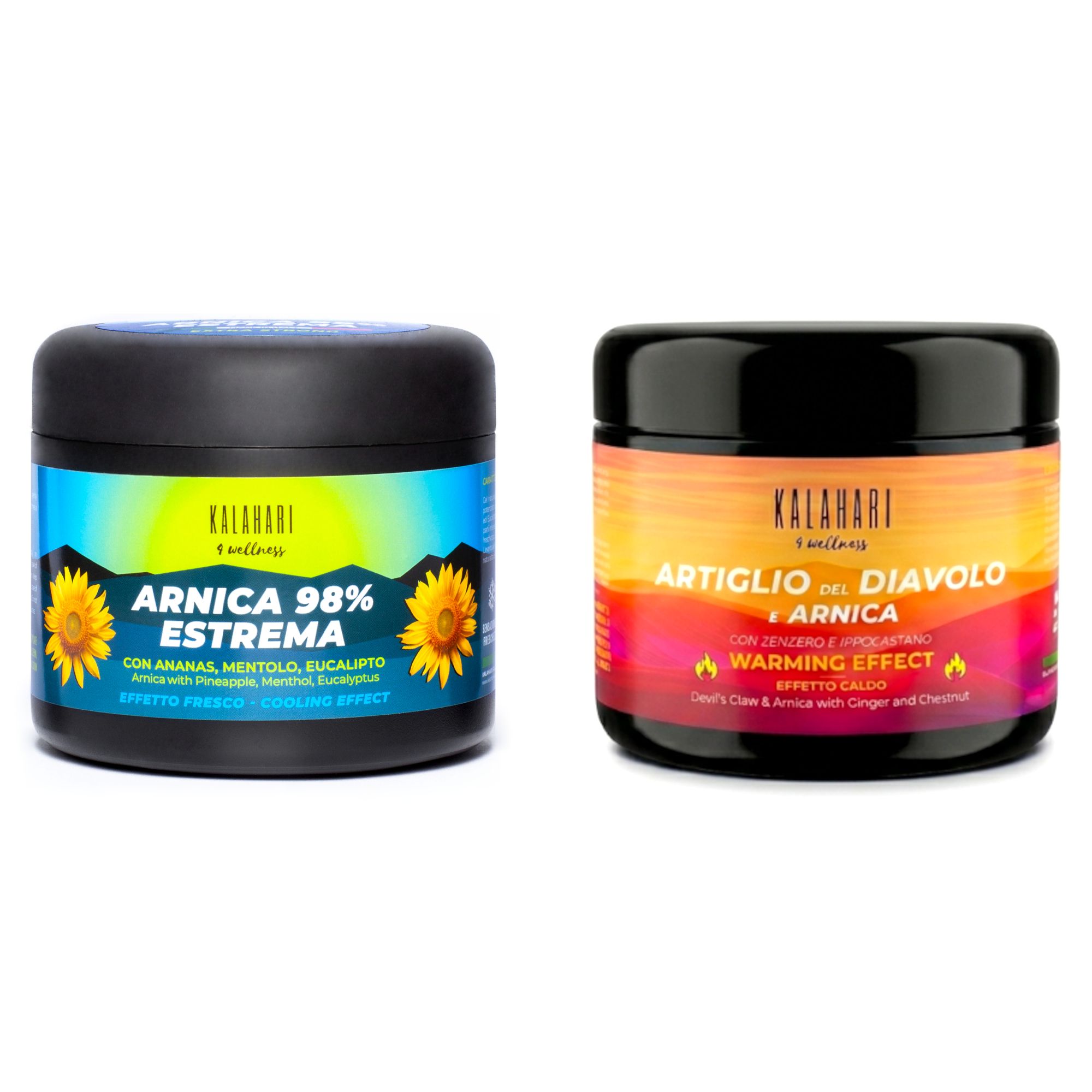 Deux pots noirs aux étiquettes colorées : Arnica 98% Extrema à gauche, Griffe du diable + Arnica à droite.
