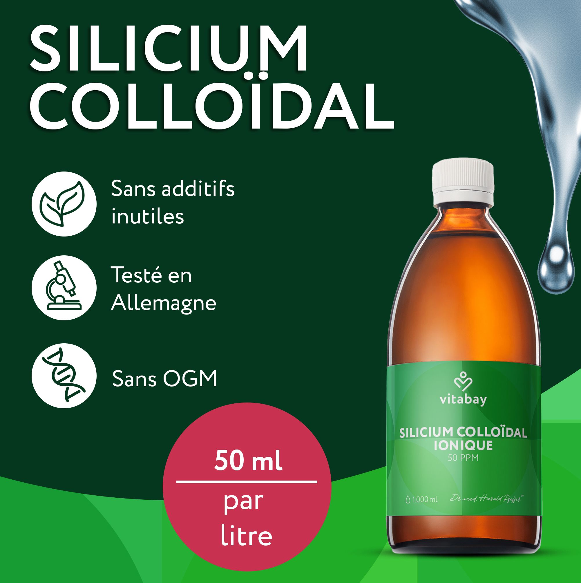 Bouteille en verre ambré avec étiquette verte indiquant « Silicium Colloidal Ionique 30 PPM ». Sans additifs inutiles, testé en Allemagne, sans OGM.