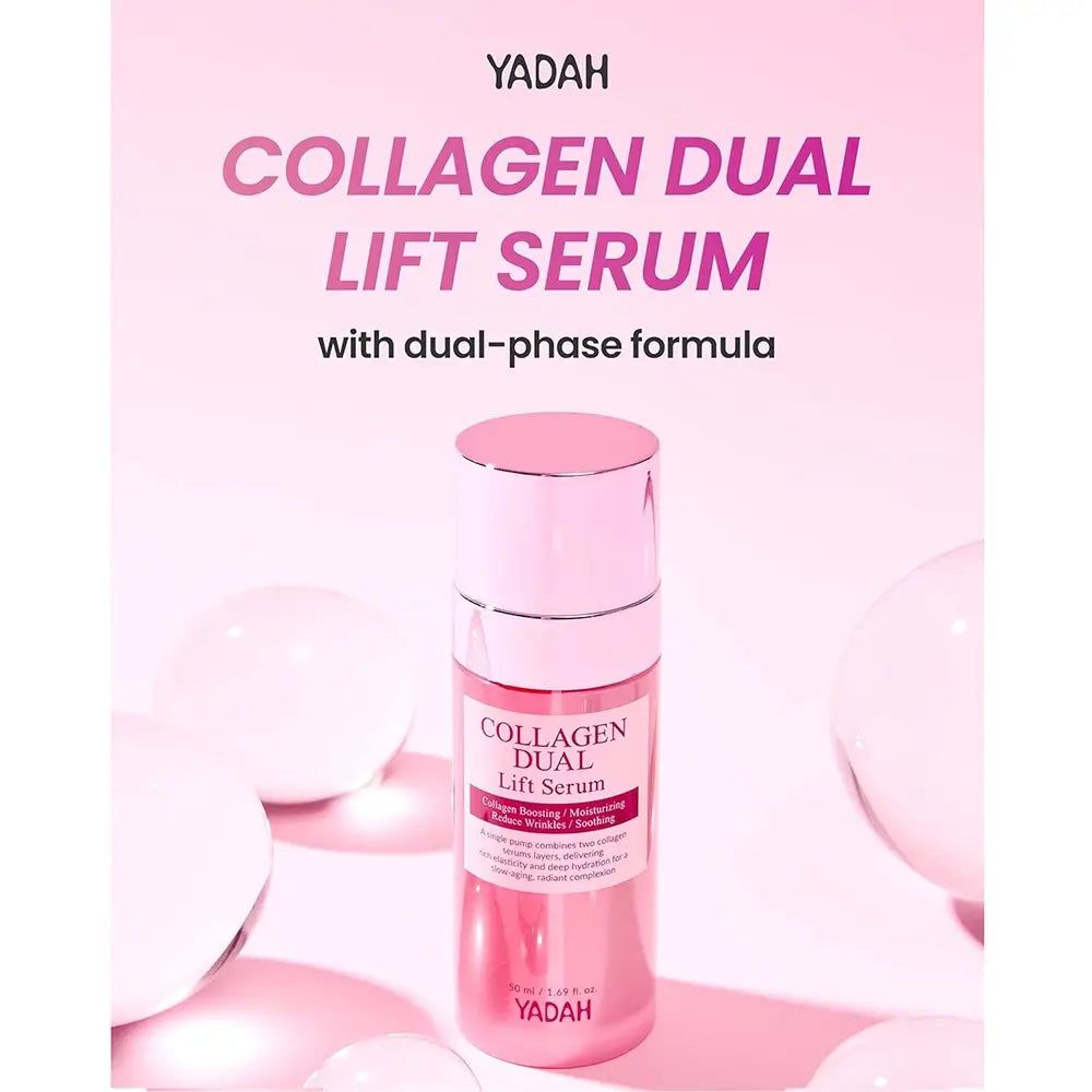 YADAH Collagen Dual Lift Serum fles met decoratieve bollen.