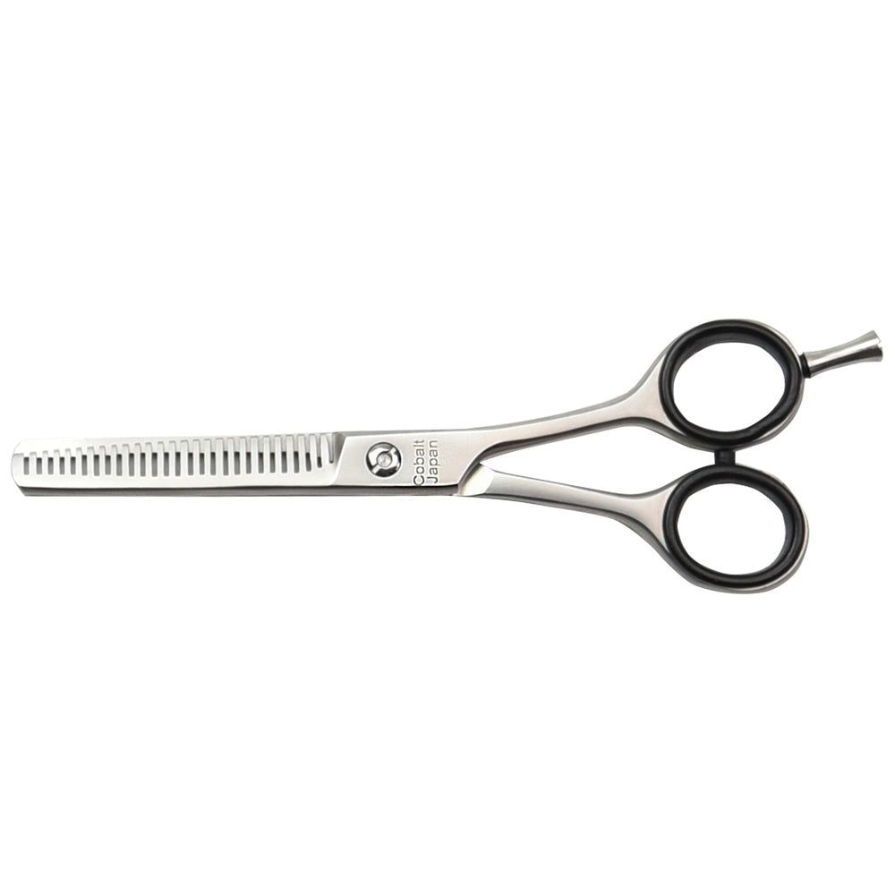 Ciseaux de coiffure, crantés des deux côtés, poignée ergonomique souple. Métal, anneaux noirs.