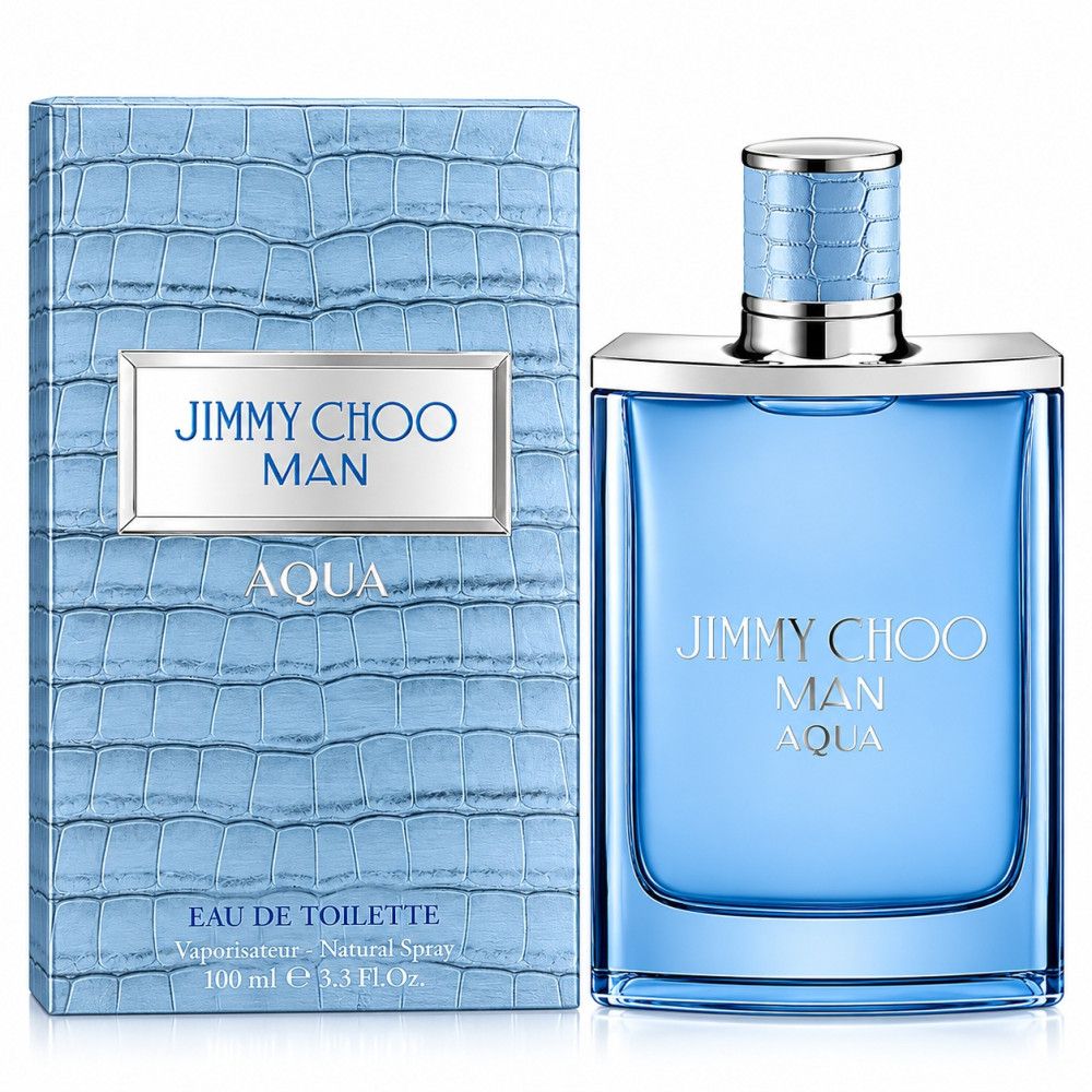 Fles en verpakking Jimmy Choo Man Aqua Eau de Toilette, zijaanzicht.