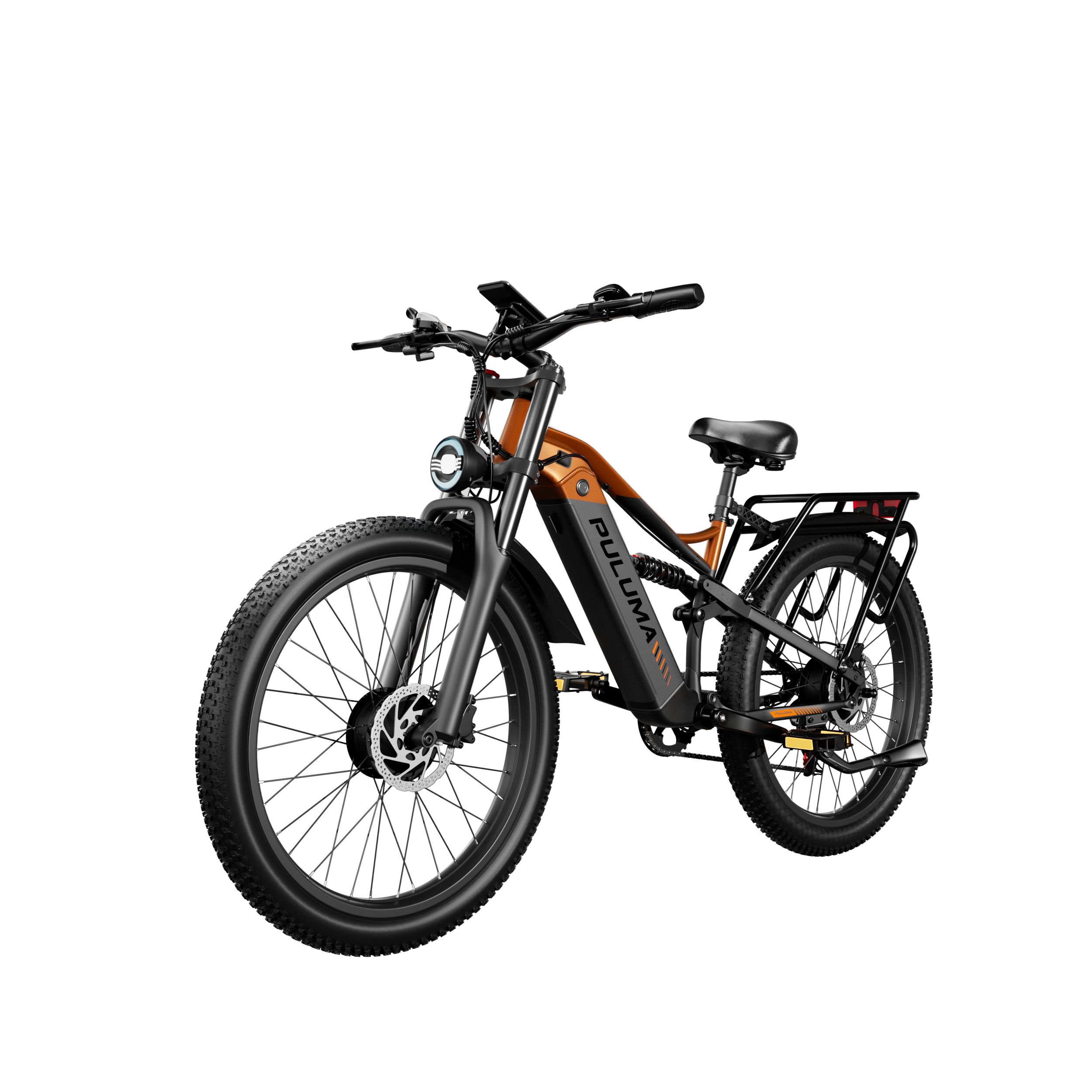 Vélo électrique PULUMA PE86 Pro avec double moteur. Cadre orange, pneus noirs et porte-bagages. Gros plan.