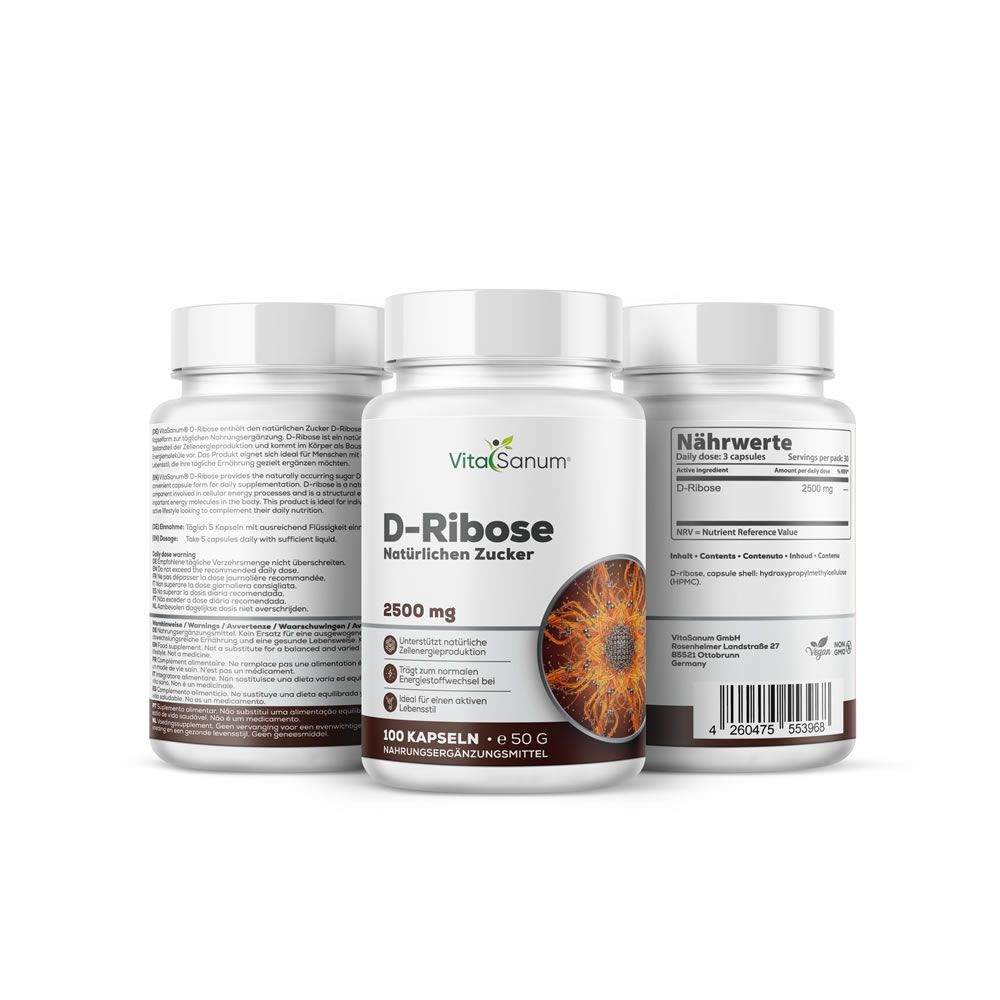 Drie flessen VitaSanum D-Ribose. Opschrift: 2500 mg, 100 capsules, 50 g. Afbeelding van een bruine cirkel. Tekst op achterkant.
