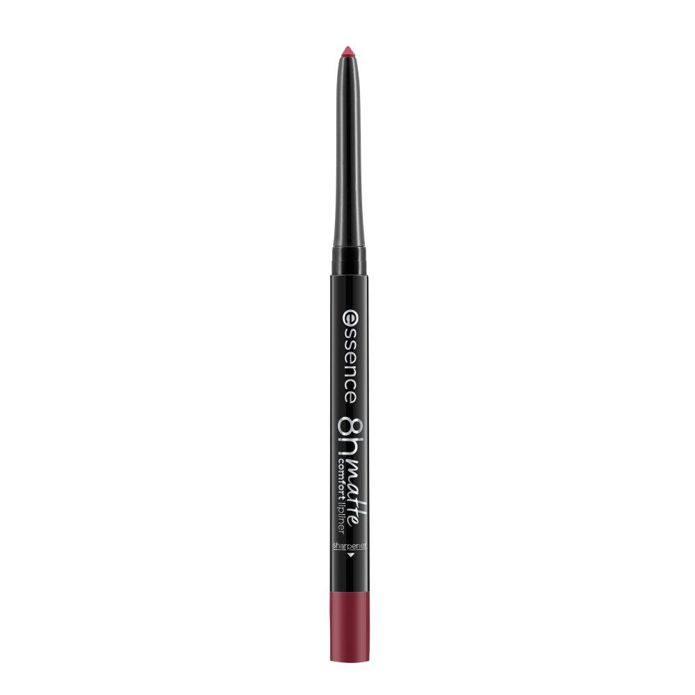 Lipliner met zwarte huls. Opschrift: Essence 8h matte comfort liner. Punt in donkere kleur.