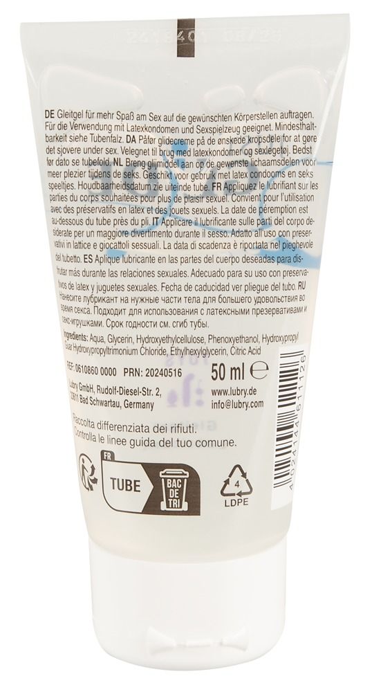 Arrière d'un tube de lubrifiant Just Glide avec ingrédients et indication 50 ml.
