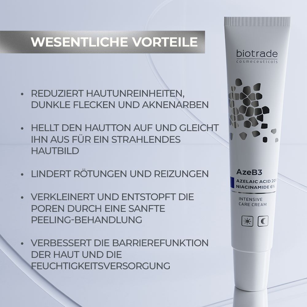 Tube blanc avec nom et texte du produit. Texte: Réduit les imperfections, éclaircit le teint, apaise les rougeurs, réduit les pores.