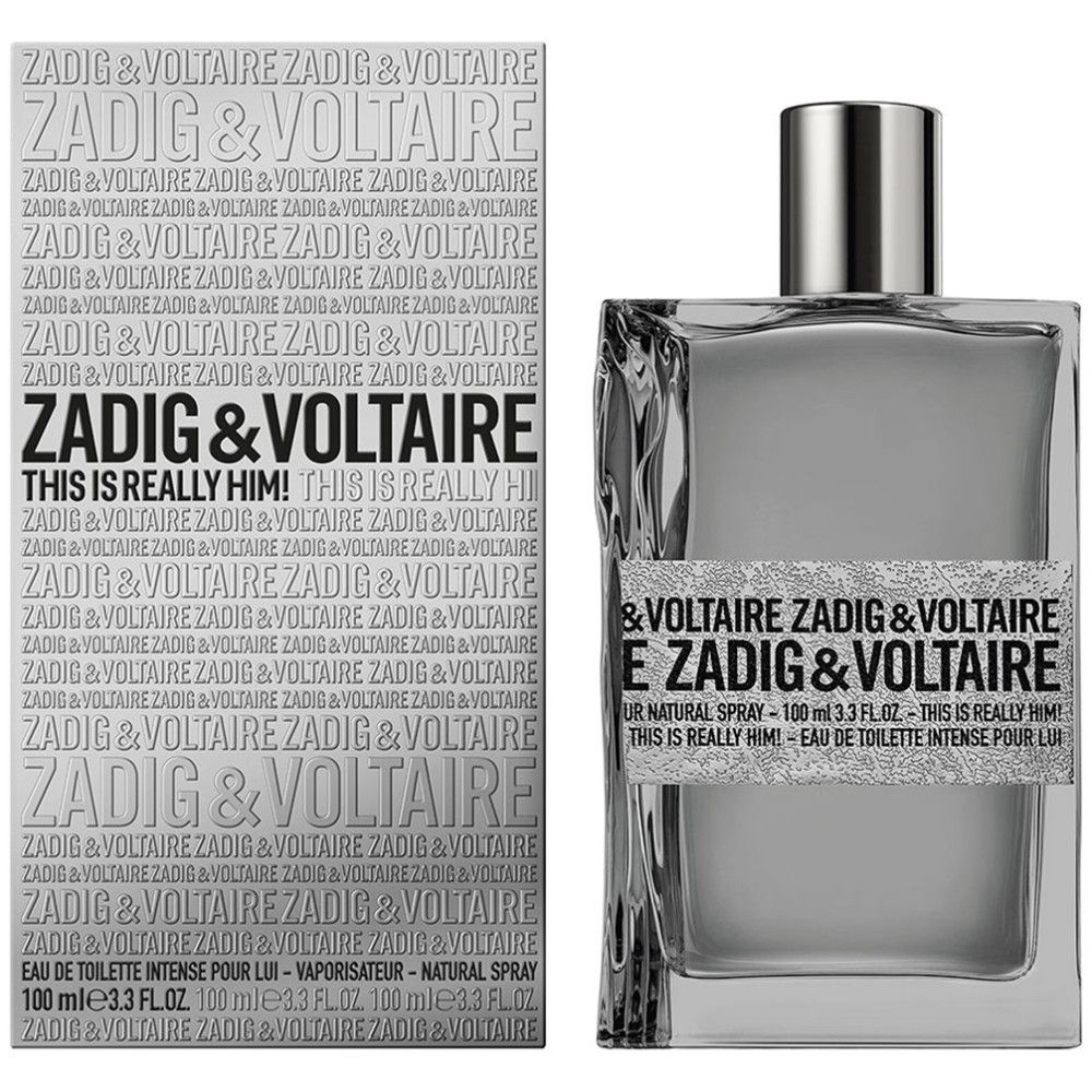 Grijze rechthoekige fles en verpakking. Opschrift: ZADIG & VOLTAIRE THIS IS REALLY HIM! Eau de Toilette.