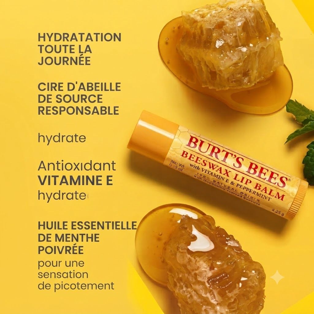 Baume à lèvres Burt's Bees à la cire d'abeille, vitamine E et menthe poivrée. Tube jaune avec nid d'abeille.