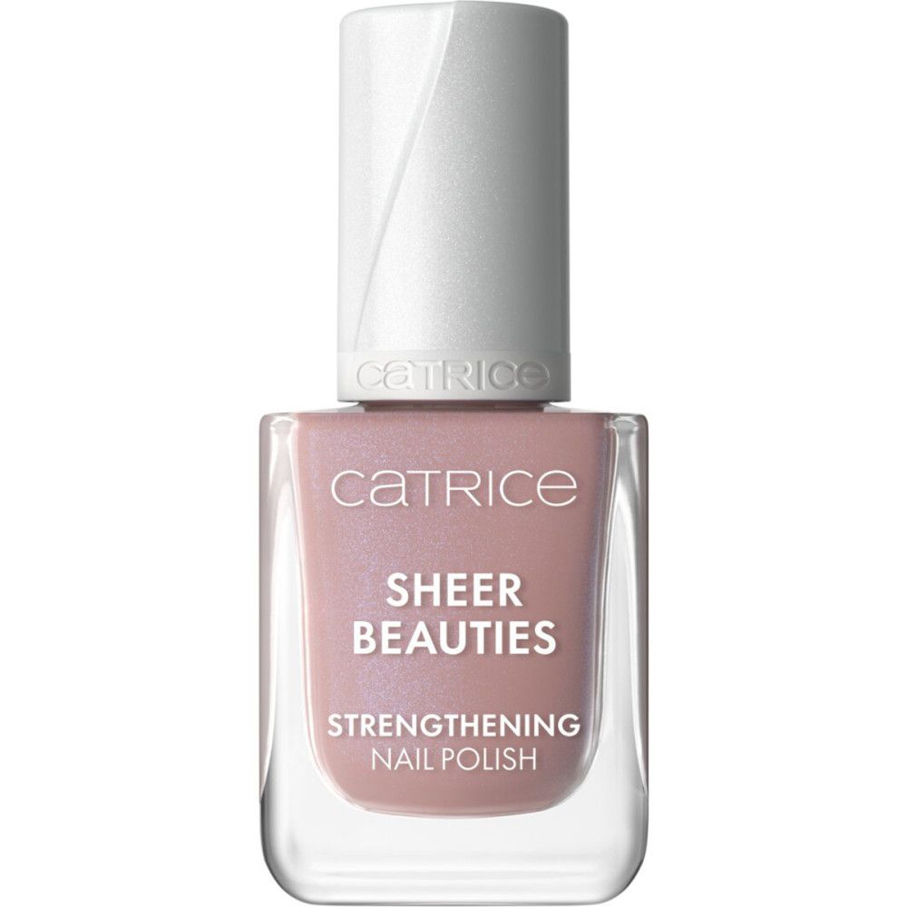 Flacon de vernis à ongles. Marque Catrice, nom Sheer Beauties, vernis fortifiant. Teinte rose, flacon transparent.