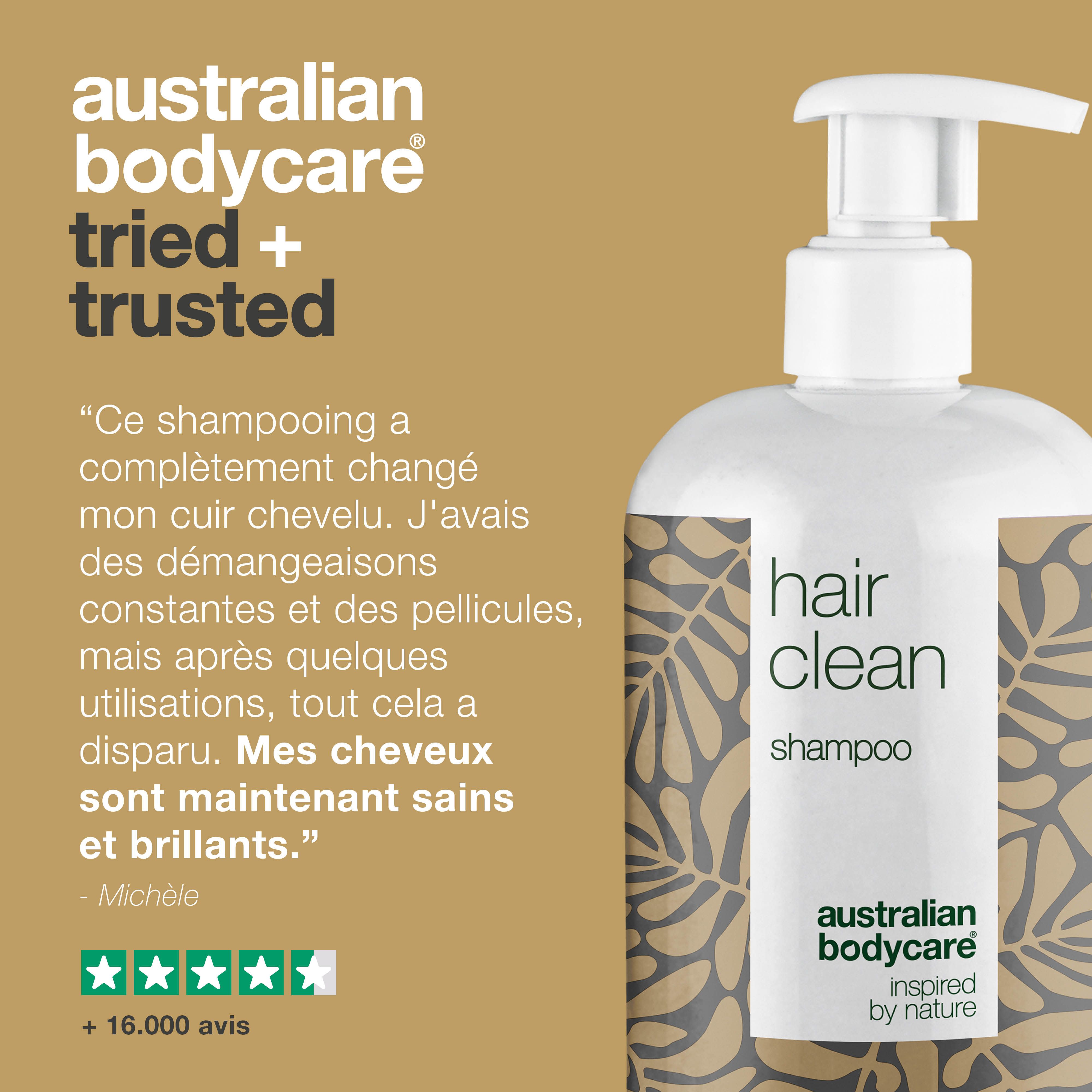 Flacon de shampooing avec texte et citation. Inscription : Hair Clean, Australian Bodycare. Citation : Ce shampooing a complètement changé mon cuir chevelu.