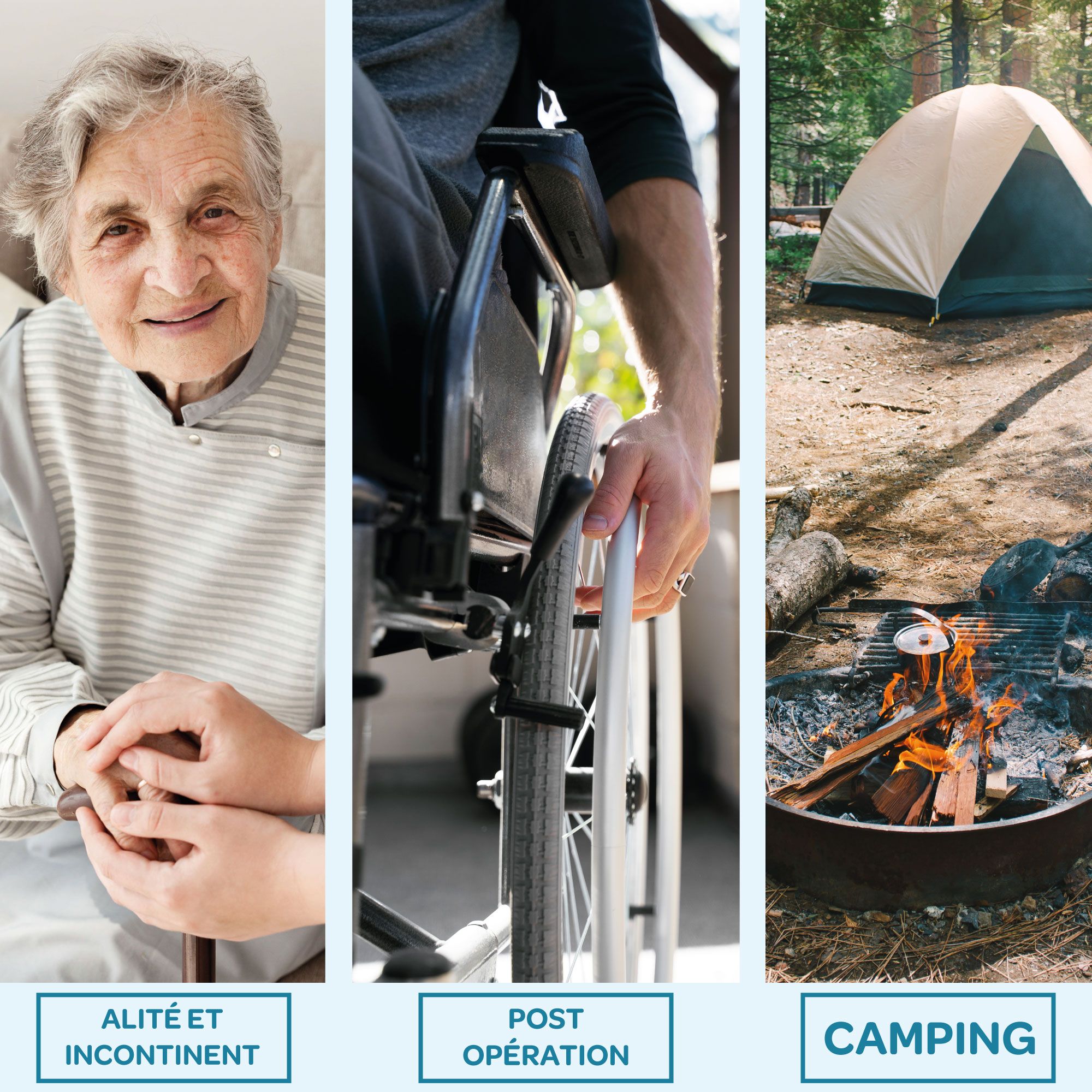 3 images: femme âgée, personne en fauteuil roulant, camping. Texte: Alité et incontinent, post-opération, camping.
