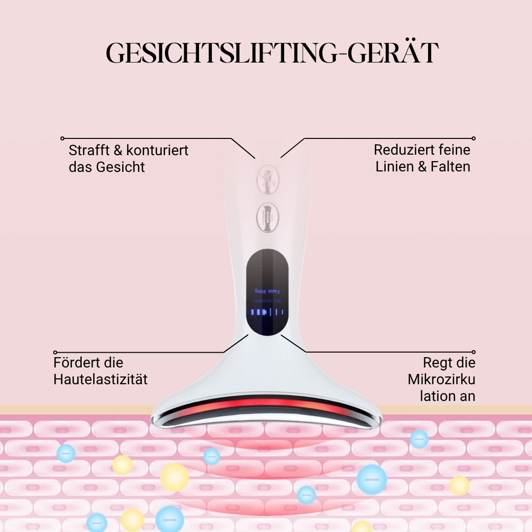 Appareil de lifting facial avec texte : "GESICHTSLIFTING-GERÄT". Diagramme montrant l'action : élasticité de la peau, microcirculation, rides.