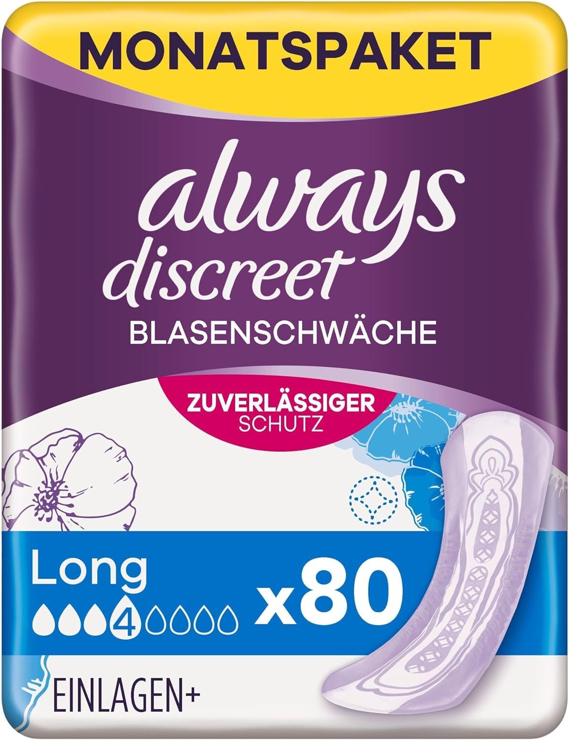 Paquet mensuel de Always Discreet Long. 80 protections. Image du produit.