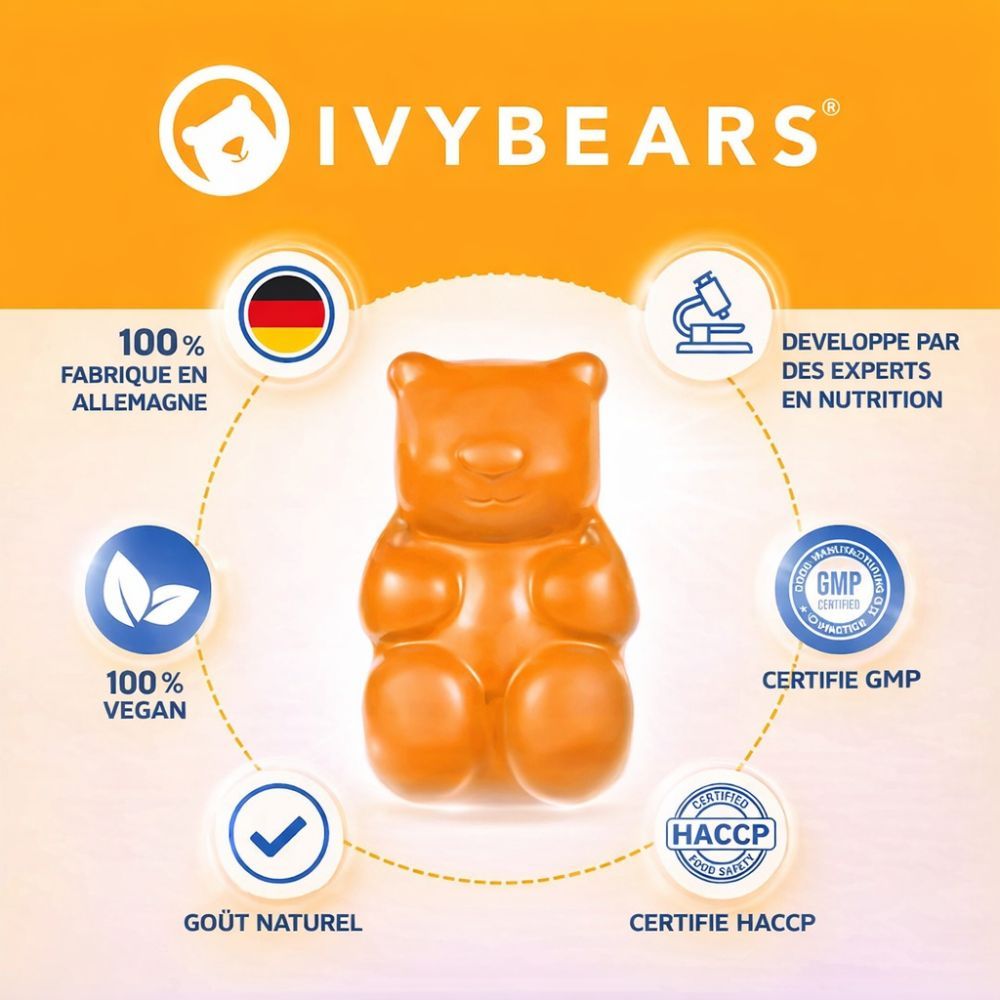 Ourson en gélatine orange, entouré d'éléments circulaires. Texte : 100% fabriqué en Allemagne, 100% vegan, goût naturel, certifié GMP et HACCP.