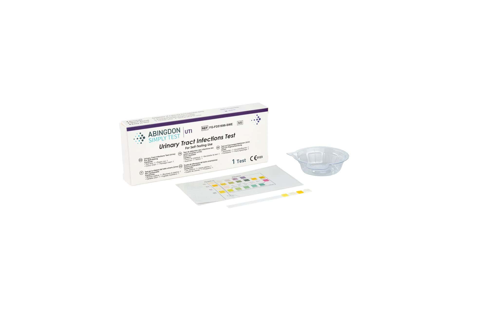 Afbeelding toont een urineweginfectietest met teststrips, opvangbakje en verpakking.