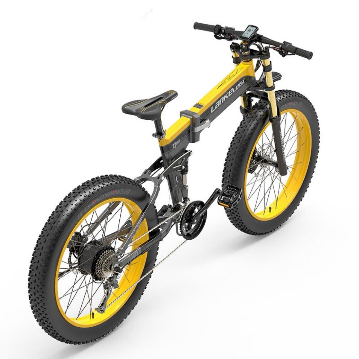 VTT électrique jaune et noir. Gros pneus, suspension, pédales. Marque : LANKELEISI.